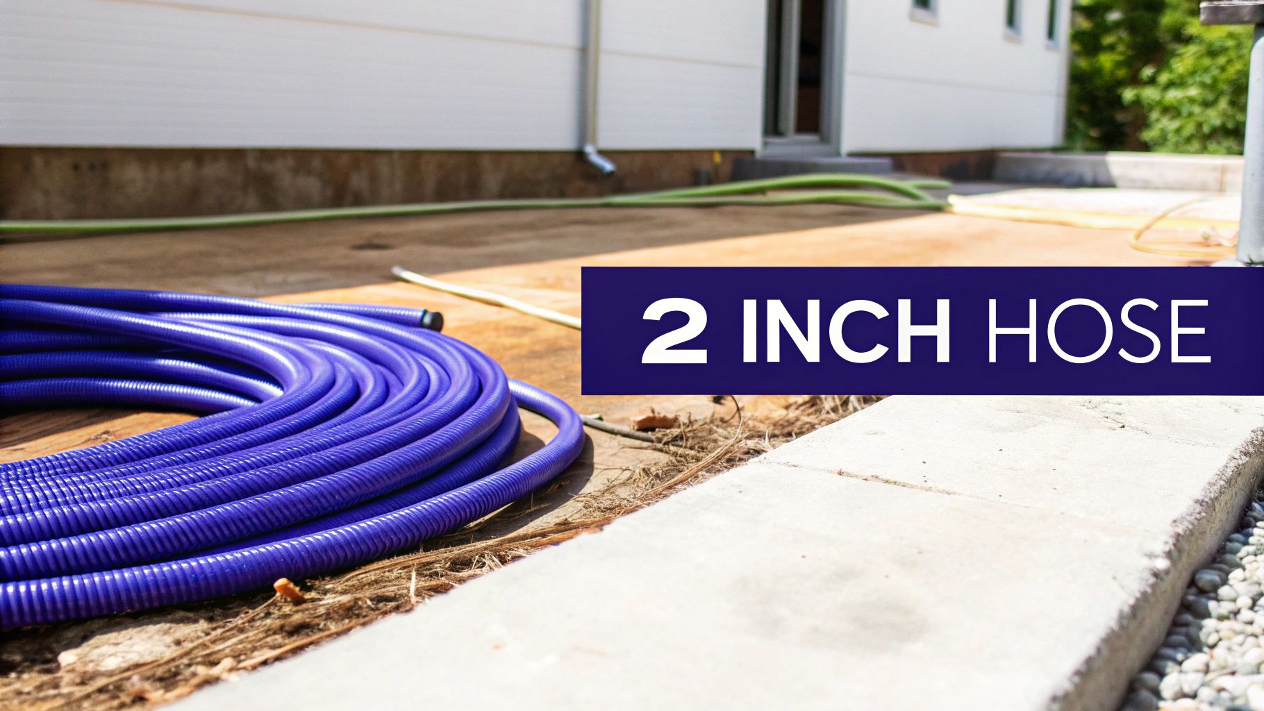 A coiled purple corrugated water hose lies on the ground outdoors, with a white building in the background.
