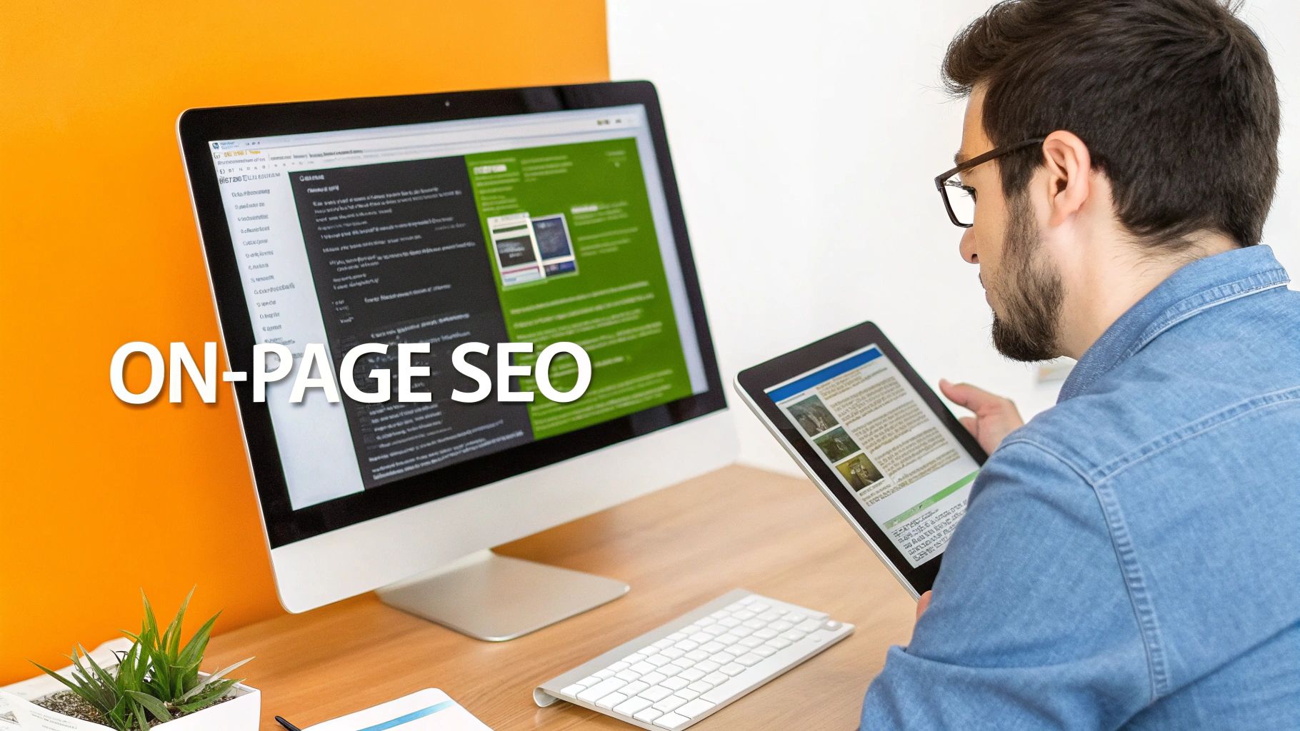 A man in glasses works on a desktop computer and tablet, focusing on on-page SEO strategies.
