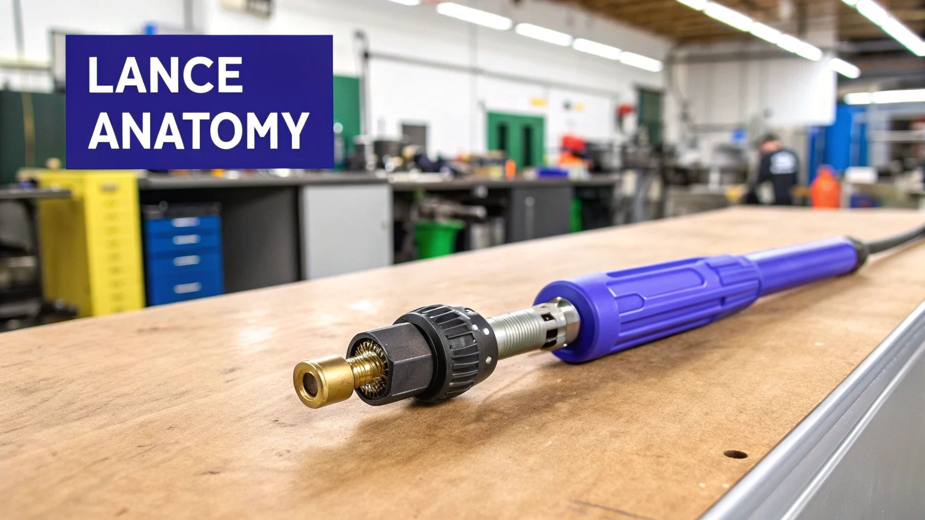 Close-up of a blue pressure washer lance disassembled, showcasing its brass nozzle on a workbench.