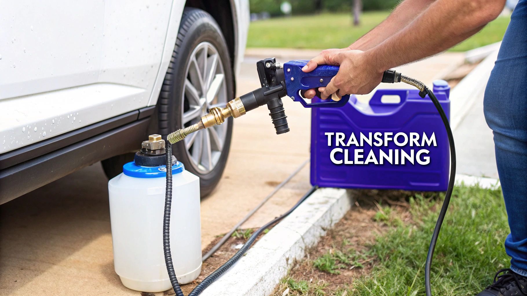 Hands operating a pressure washer with a soap injector and a solution container, washing a white car.