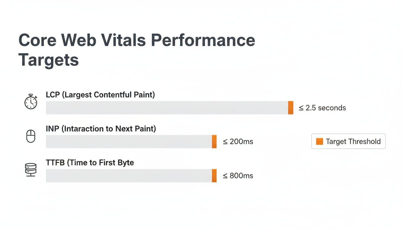 A diagram illustrating Core Web Vitals performance targets for LCP, INP, and TTFB.
