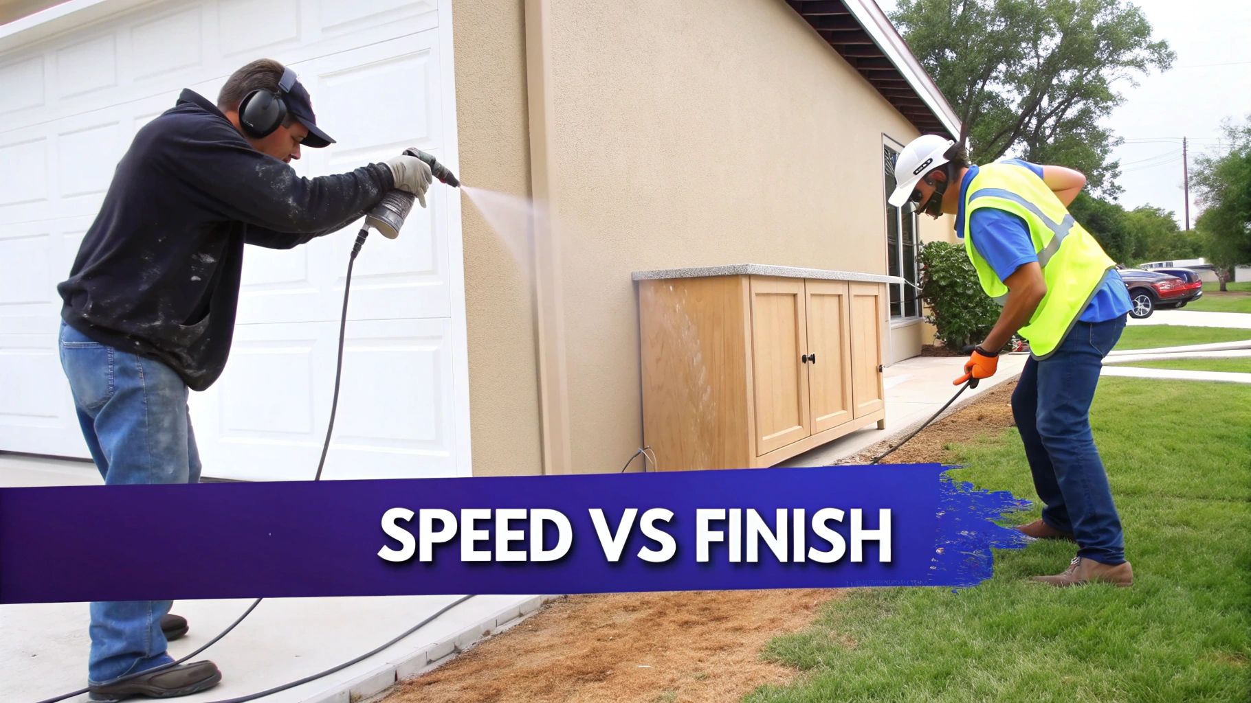 Two workers, one spray painting a garage door, the other working on the ground near a building.