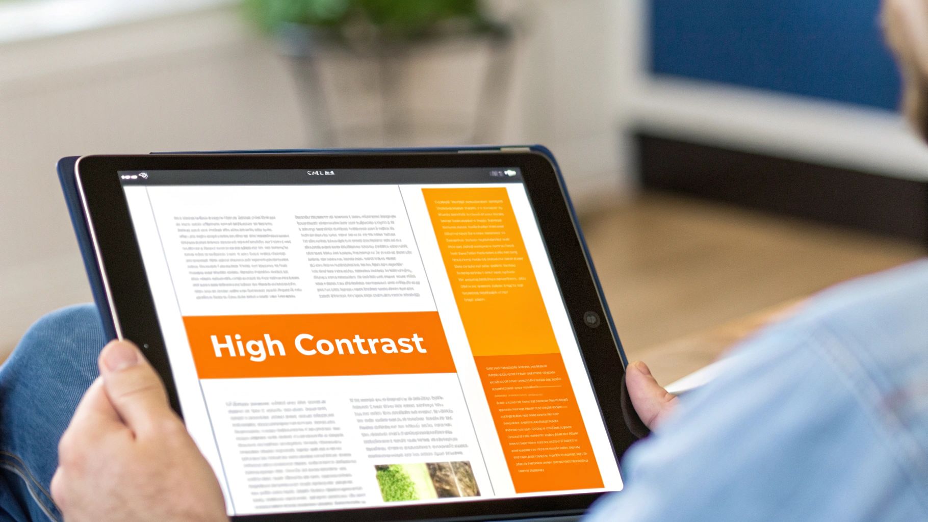 A person holds a tablet displaying a document with 'High Contrast' text on an orange background.