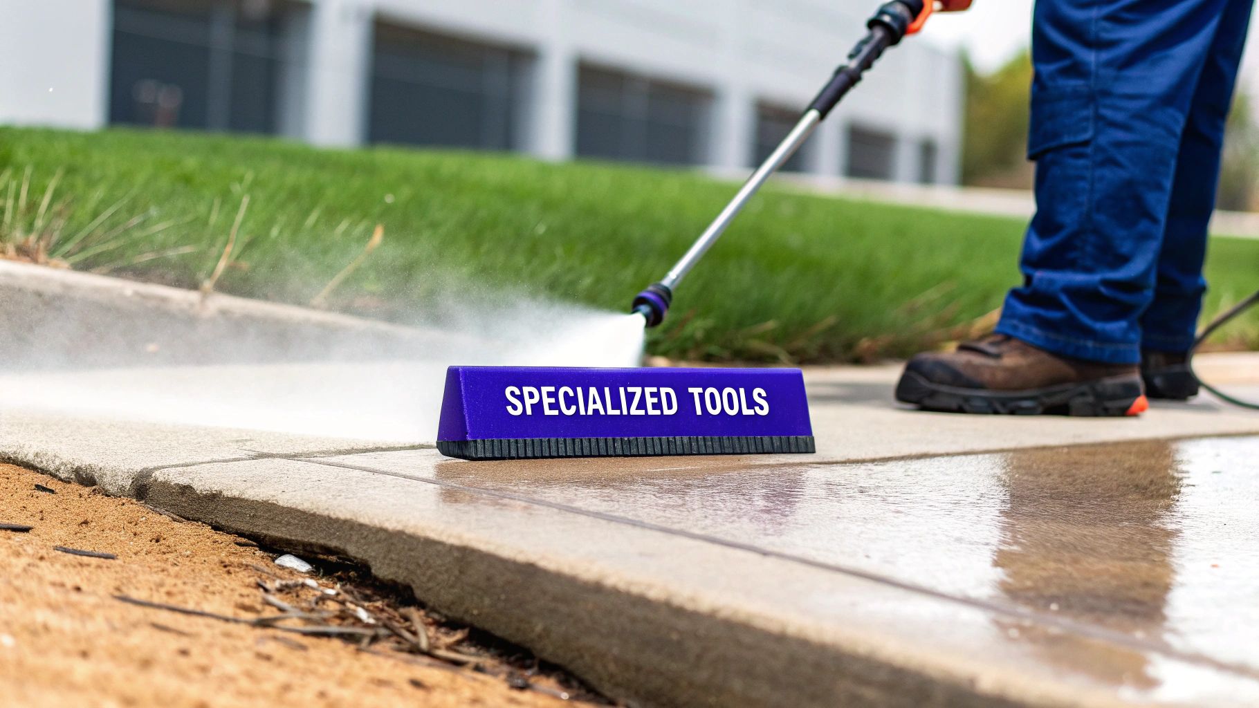 A person uses a pressure washer to clean a concrete sidewalk, next to a 'SPECIALIZED TOOLS' sign.