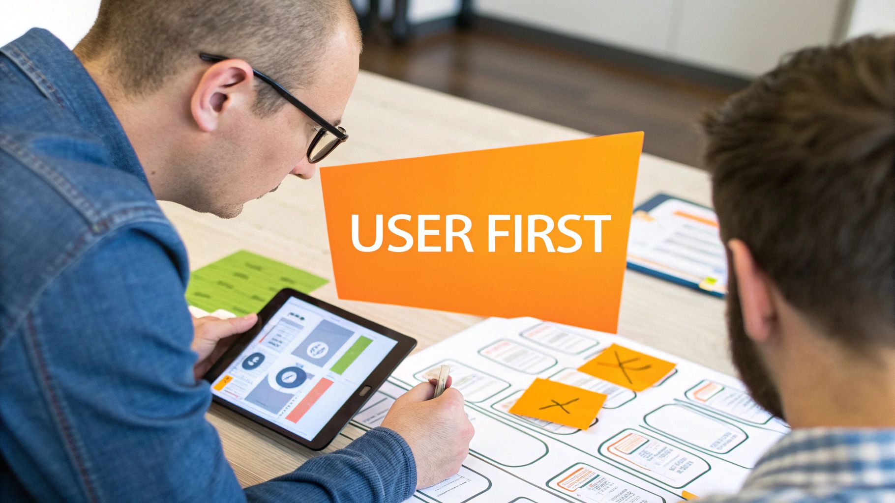 Two designers collaborating on a user-first website design project using a tablet and paper mockups.
