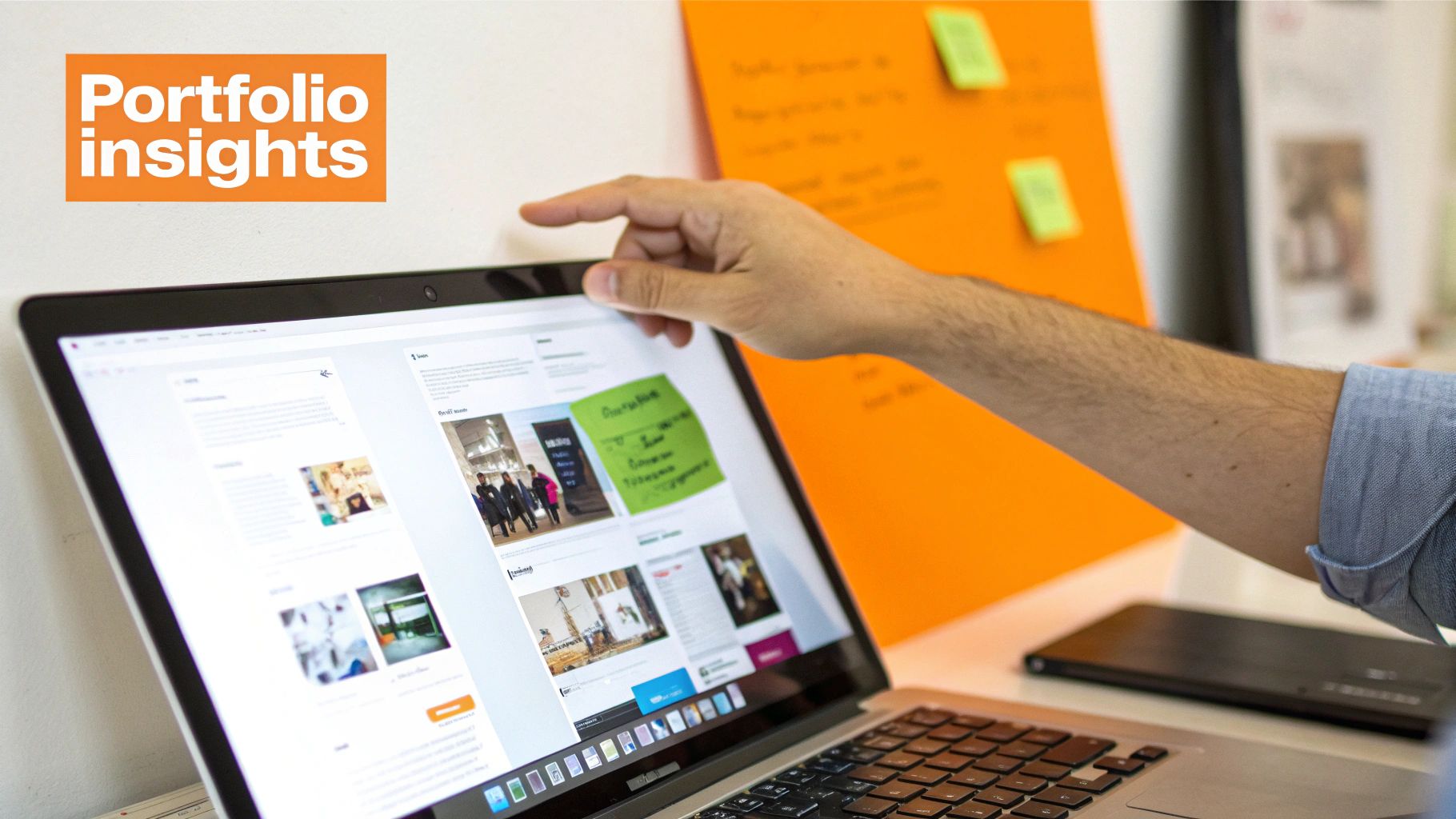 A person's hand pointing at a laptop screen showing a webpage with 'Portfolio insights' branding.