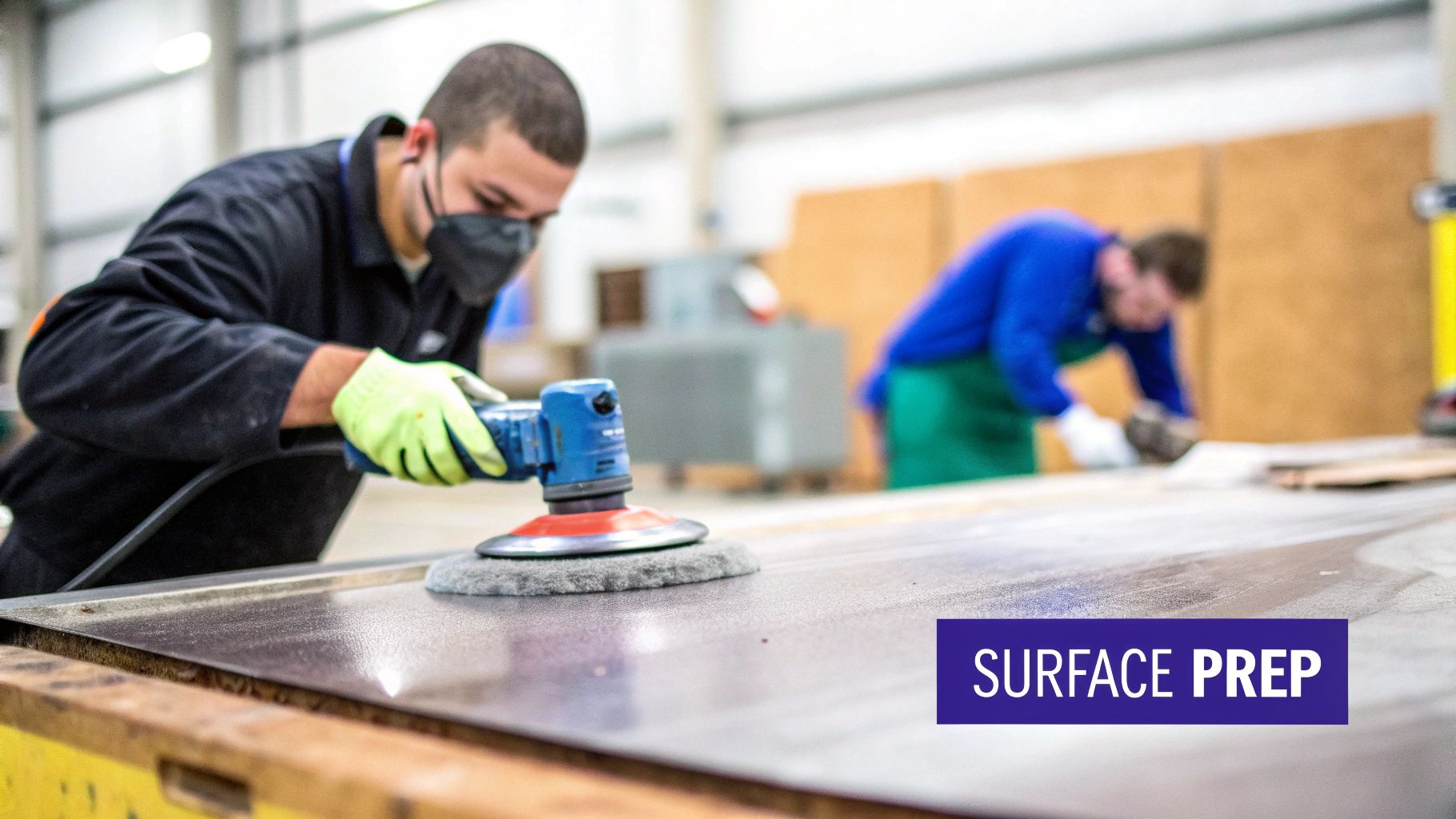 A worker wearing a mask and gloves uses an orbital sander to prepare a metal surface.