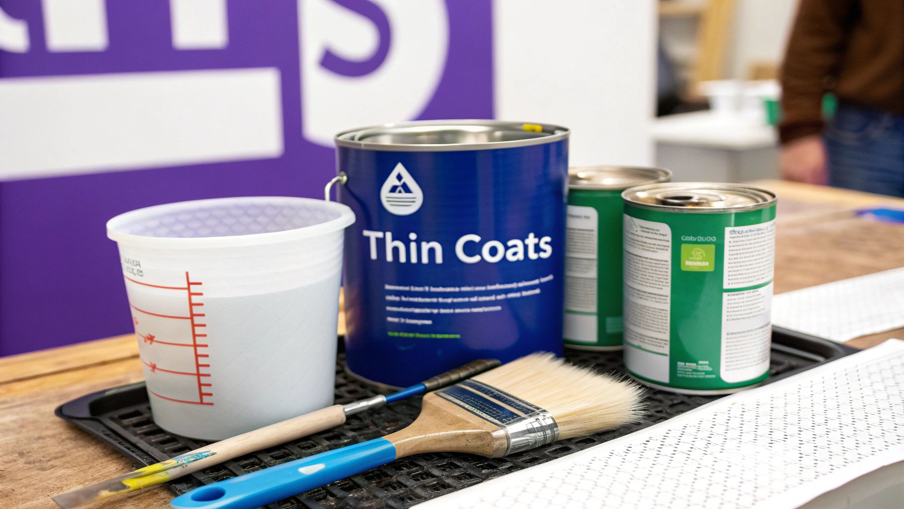 Painting tools and supplies on a black tray, including blue and green paint cans, a measuring cup, and brushes, on a wooden table.