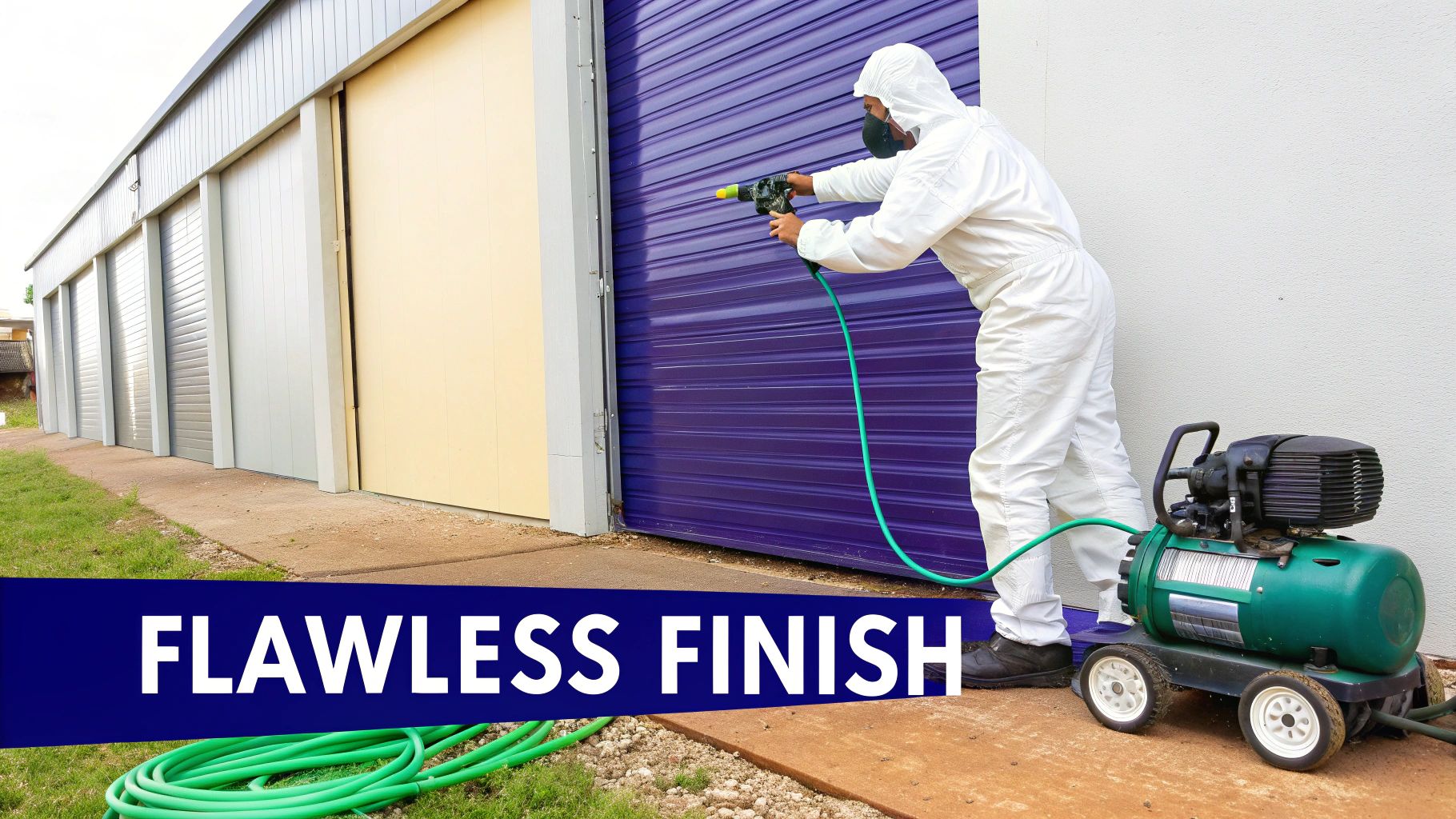 A person in a white protective suit and mask spray painting a purple garage door using a compressor.