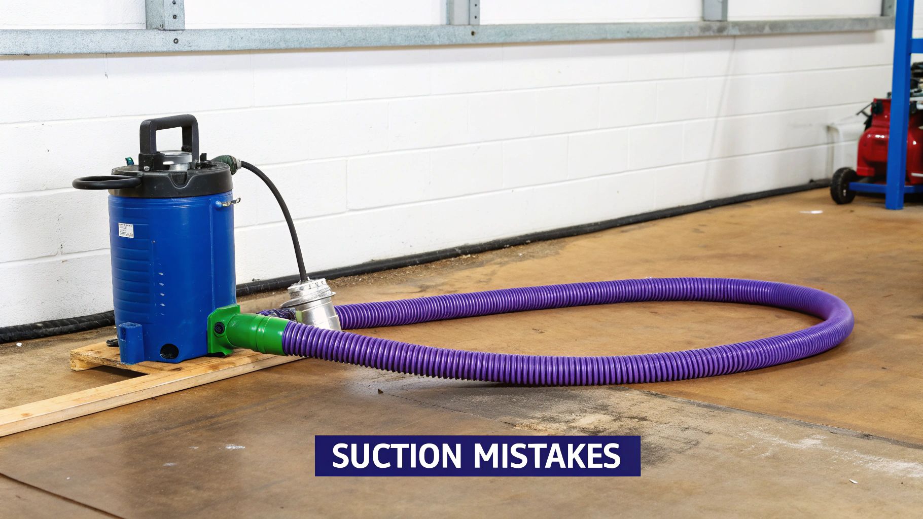 A blue industrial pump connected to a long purple suction hose forms a loop on a workshop floor, illustrating suction mistakes.