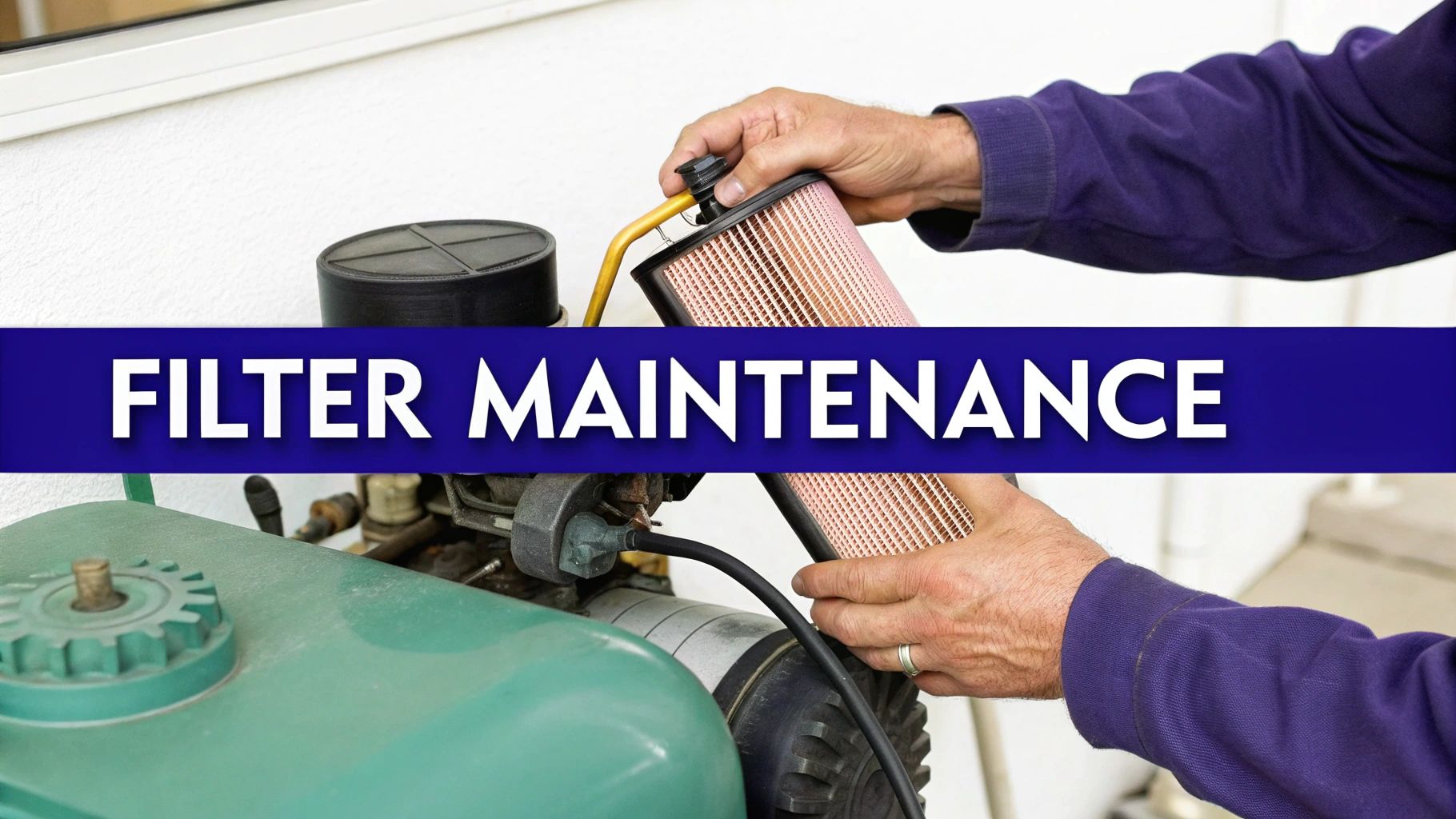 Close-up of a person's hands performing filter maintenance on industrial machinery or a compressor.