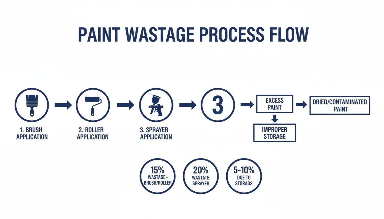 Flowchart detailing paint wastage process, including application methods, excess paint, improper storage, and wastage percentages.