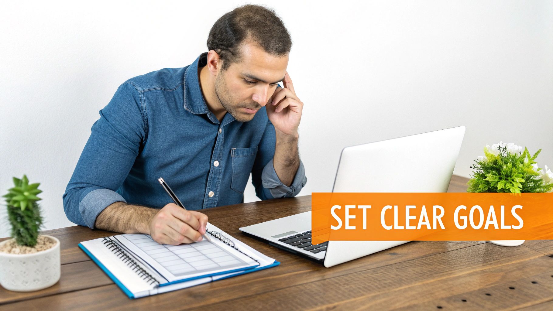 A thoughtful man writes "SET CLEAR GOALS" in a notebook at a wooden desk, focused on planning.