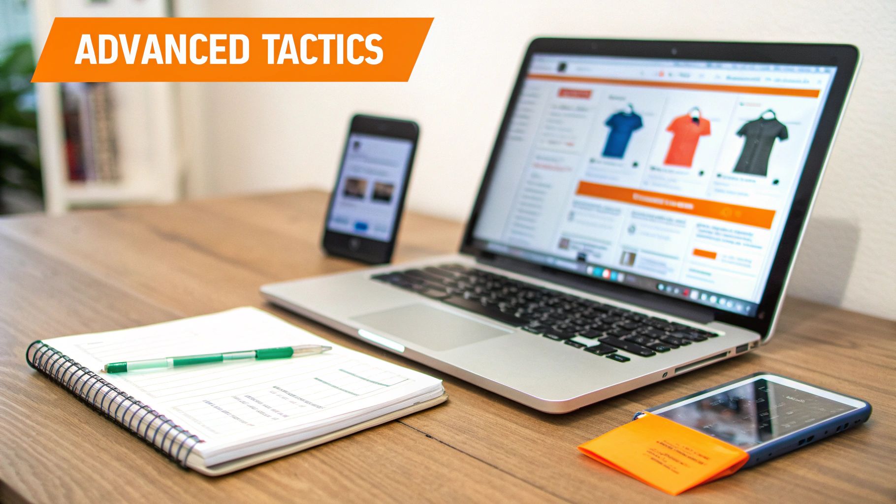 Workspace with laptop showing product listings, a smartphone, and a notebook for effective product description writing.