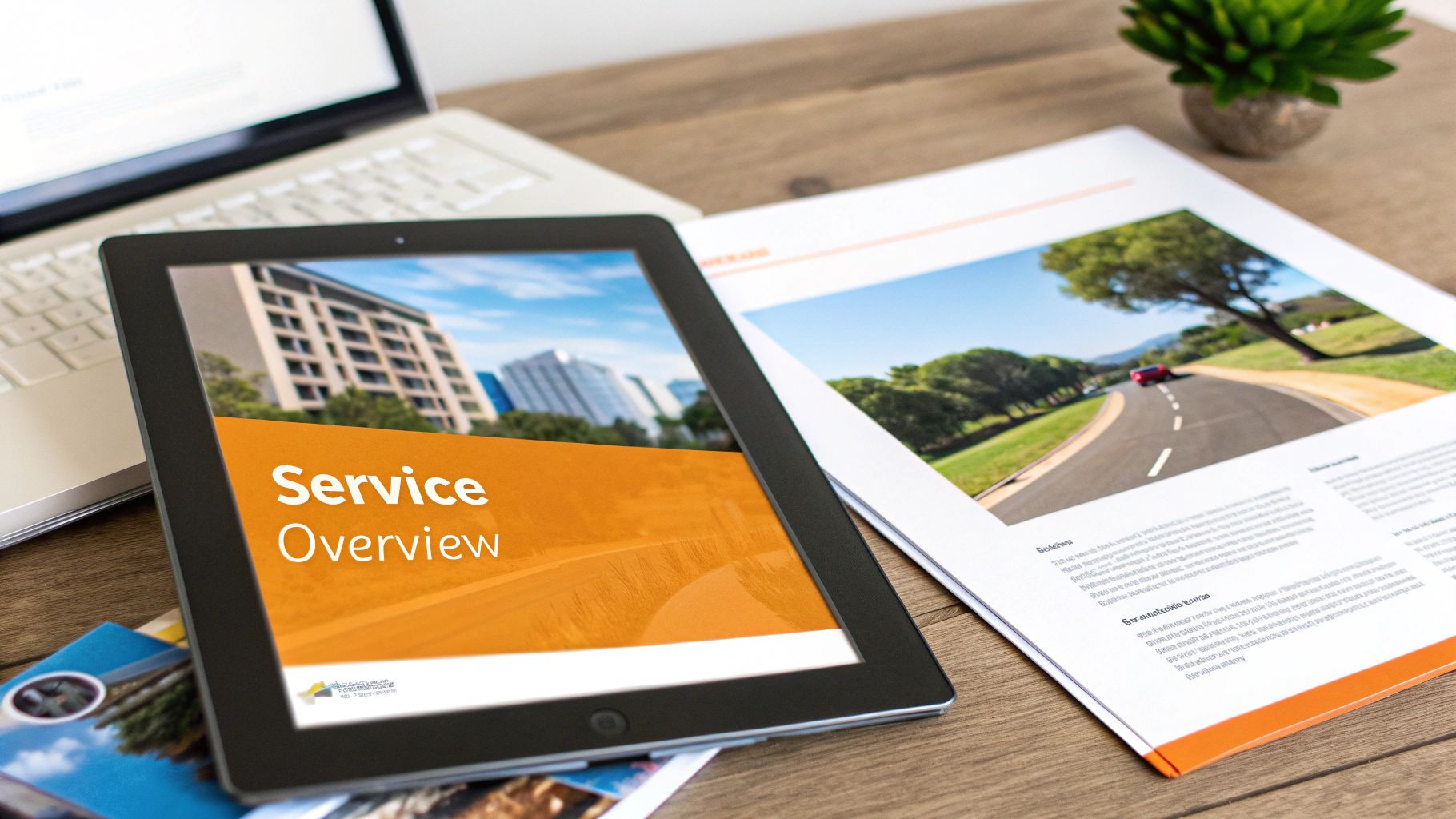 A professional desk setup with a laptop, tablet displaying "Service Overview," and a printed brochure.