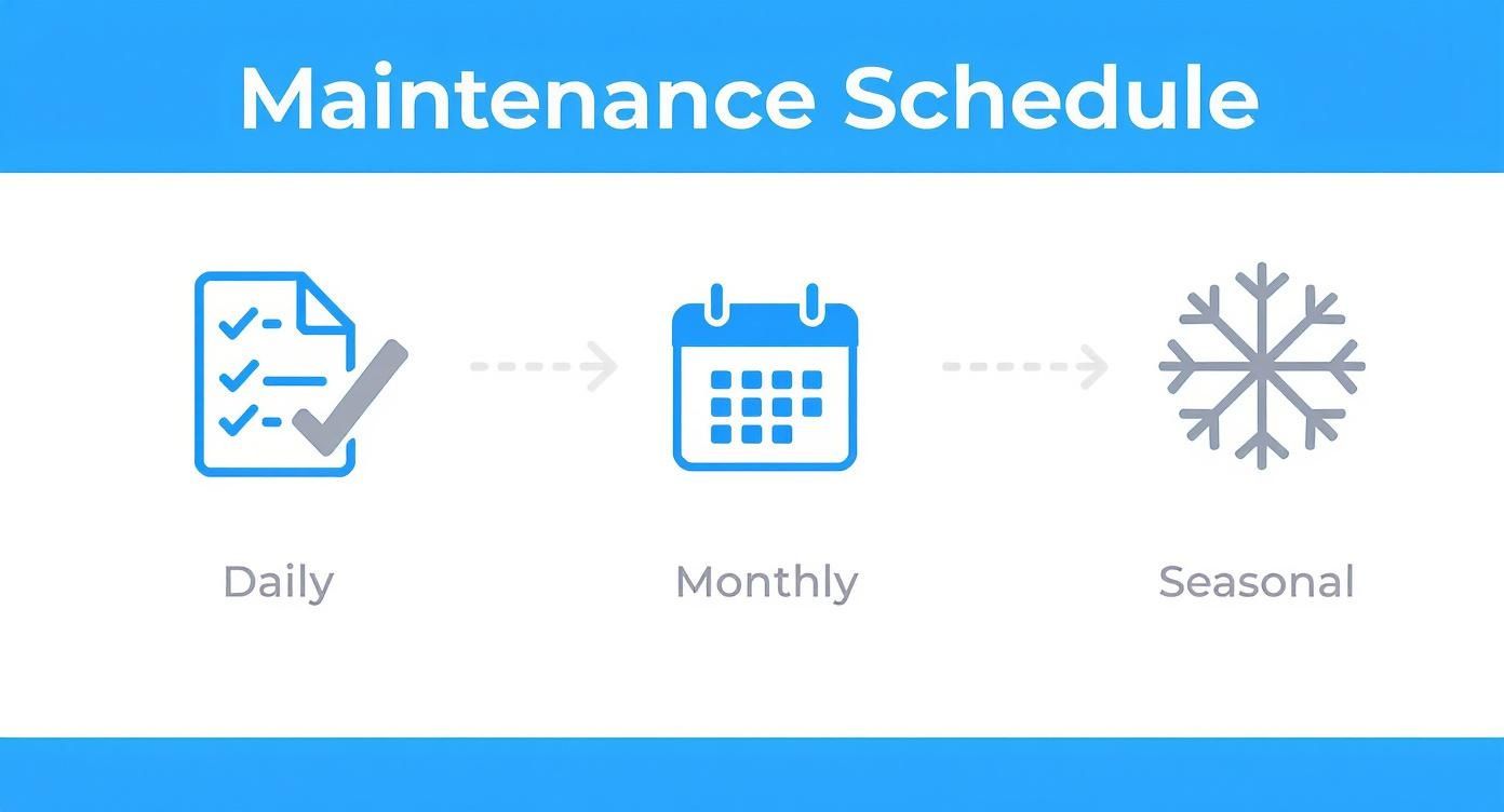 An infographic showing a maintenance schedule with daily tasks, monthly calendar, and seasonal snowflake.