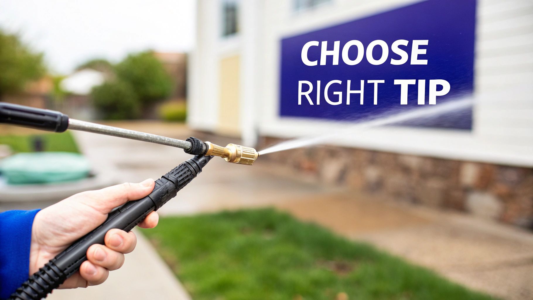 A person uses a pressure washer to spray water towards a sign recommending 'CHOOSE RIGHT TIP'.