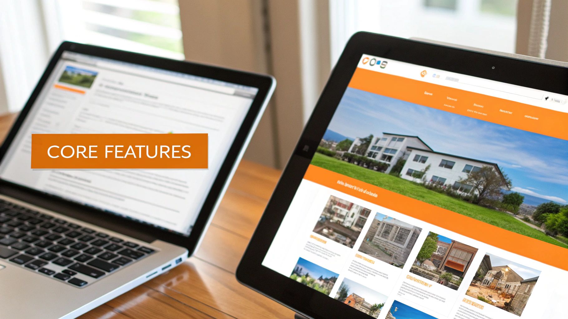 Two devices, a laptop and a tablet, showcase responsive web design with a 'CORE FEATURES' banner and a real estate website.