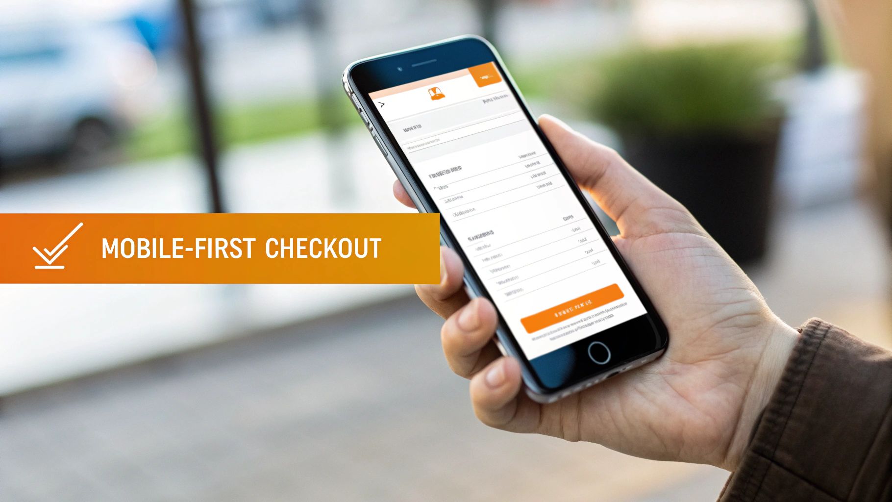 Hand holding a smartphone displaying a mobile-first e-commerce checkout screen, highlighted by an orange banner.