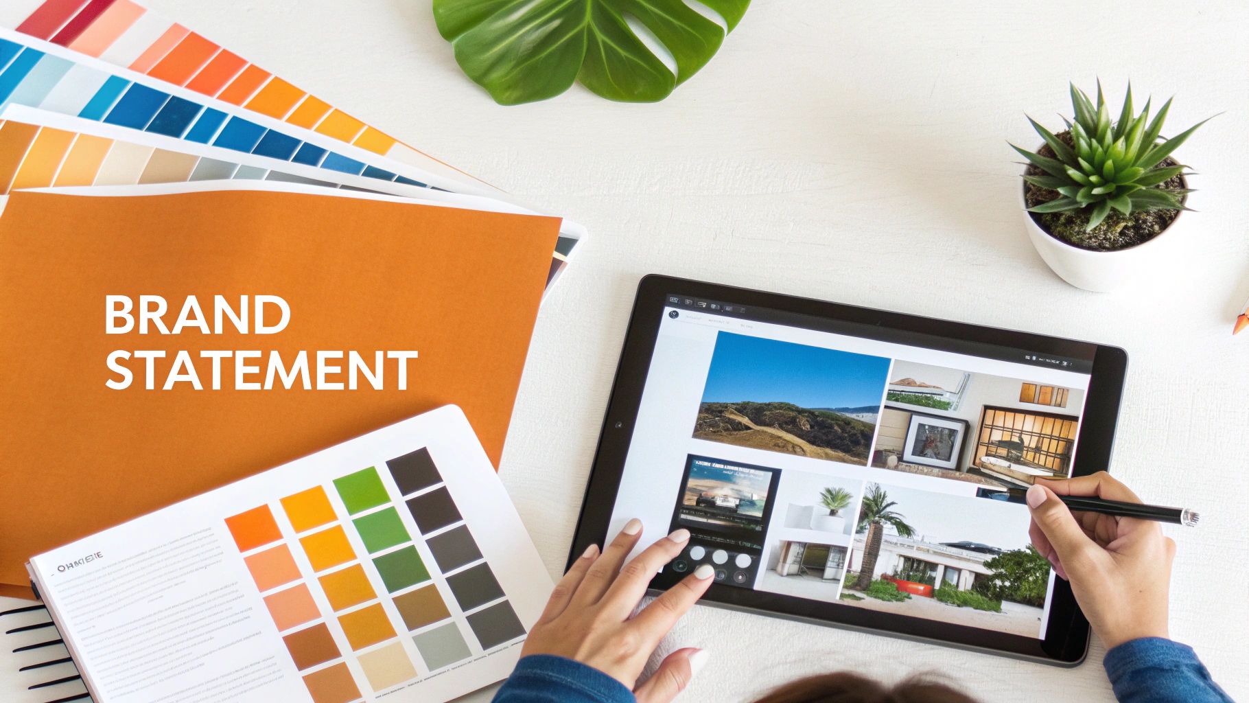 Hands working on a tablet with a stylus, surrounded by branding materials and color swatches on a white desk.