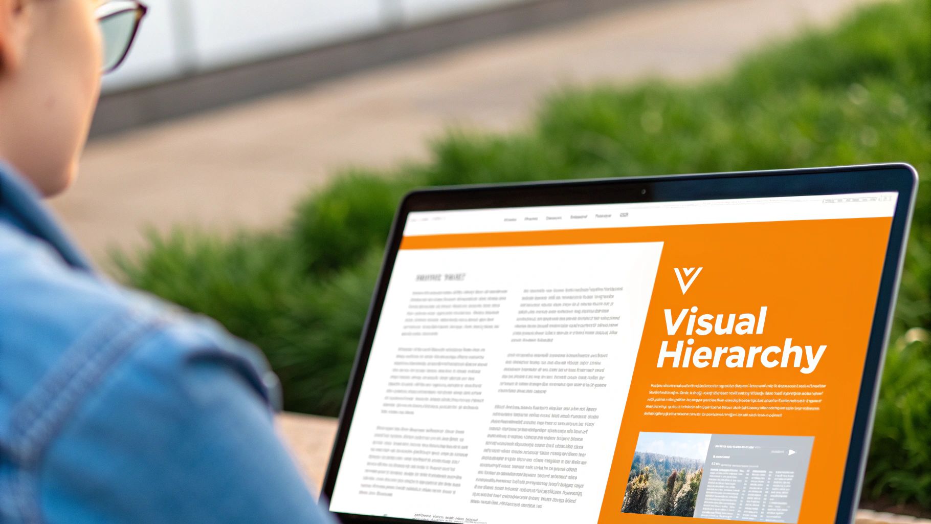 A person views a laptop screen displaying a webpage about "Visual Hierarchy" outdoors.
