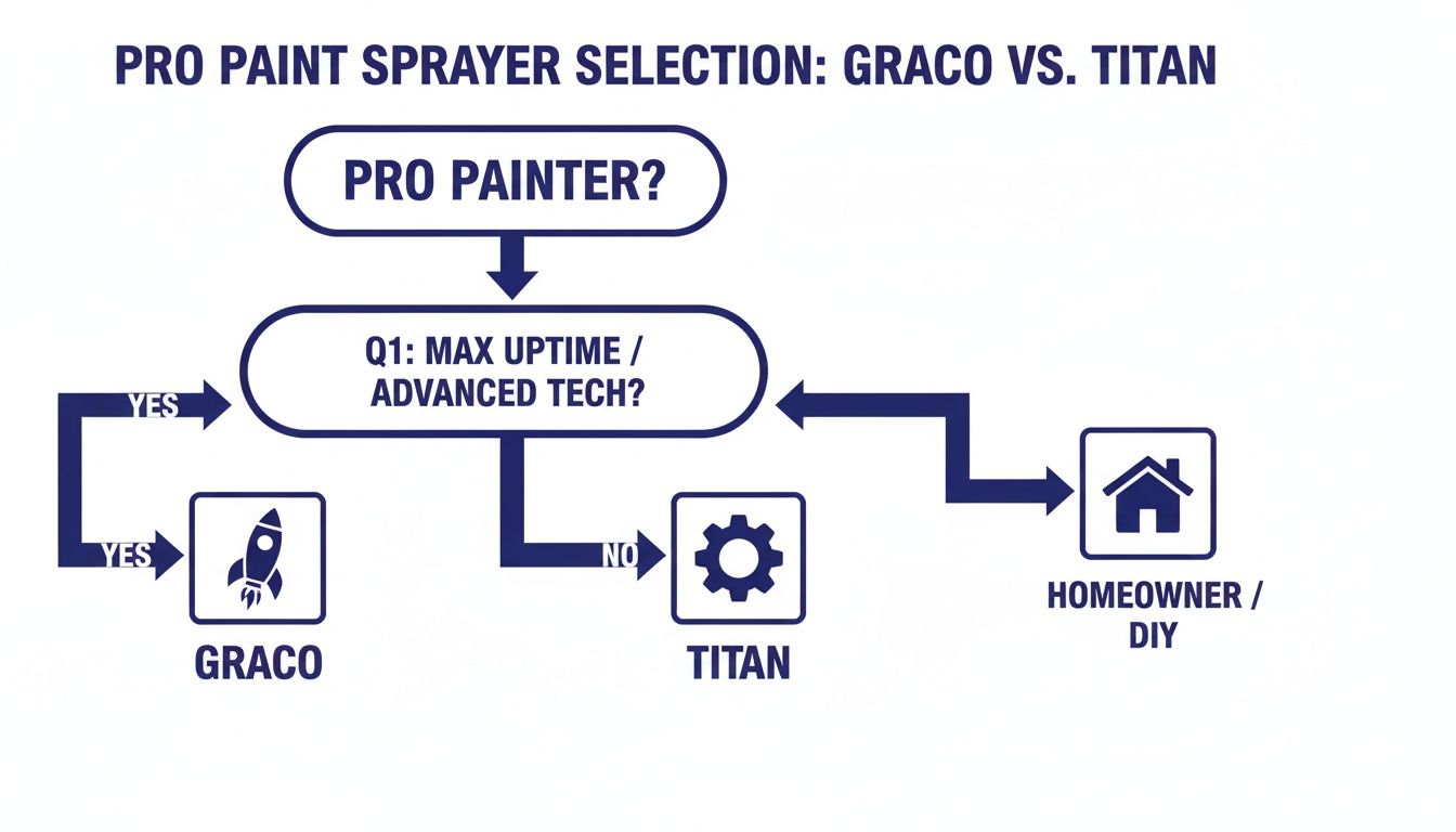 Decision flowchart comparing Graco and Titan paint sprayers for professional and DIY use.