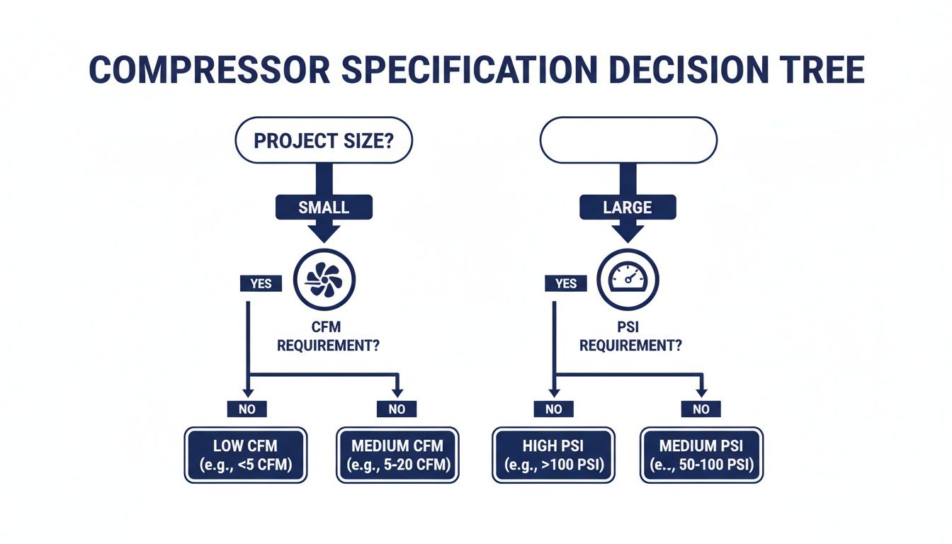 A compressor specification decision tree based on project size, CFM, and PSI requirements.