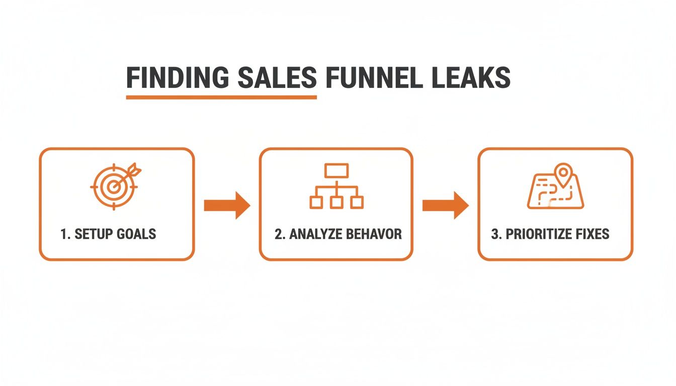 Diagram showing a 3-step process to find sales funnel leaks: setup goals, analyze behavior, prioritize fixes.