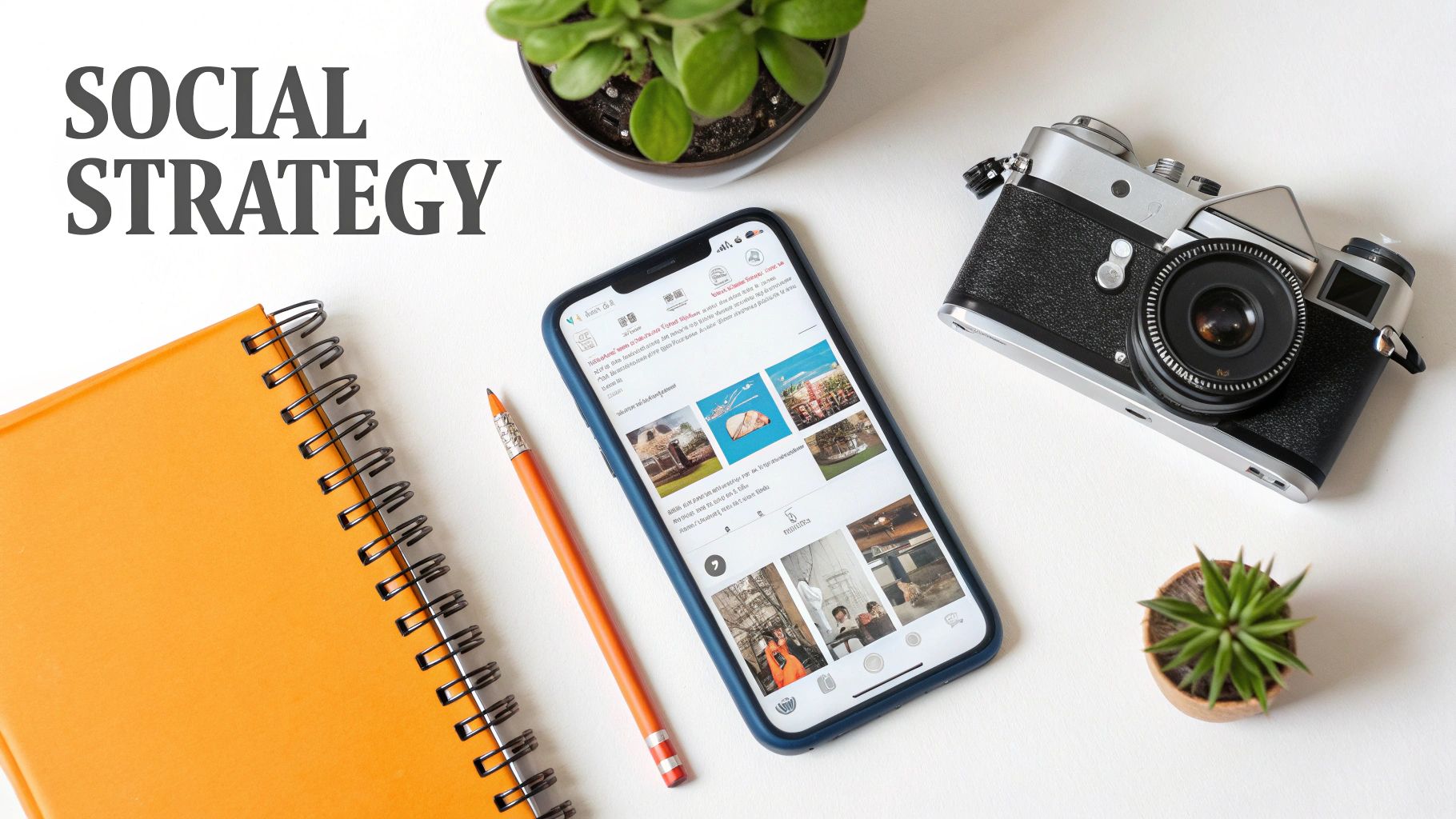 Flat lay with smartphone displaying social media, notebook, pencil, vintage camera, and plants for social strategy.