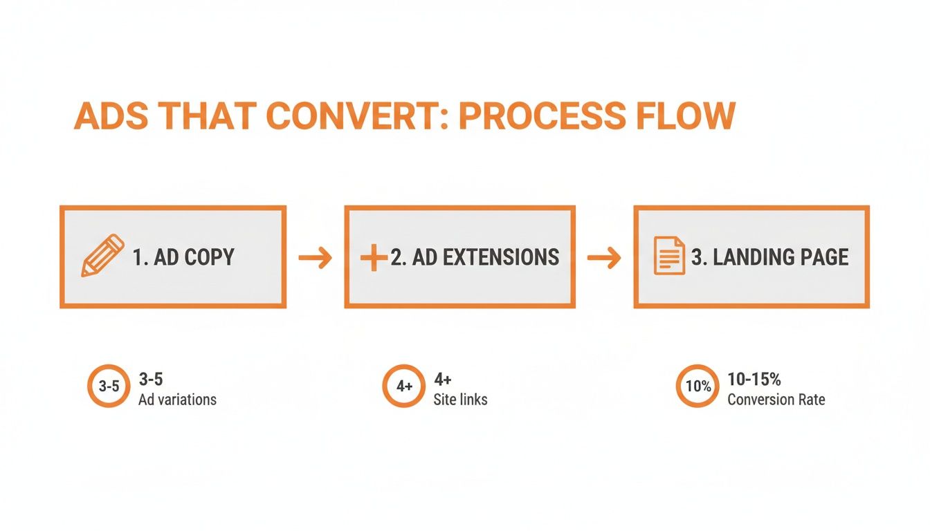 Flowchart showing the process for creating converting ads, including ad copy, extensions, and landing page.