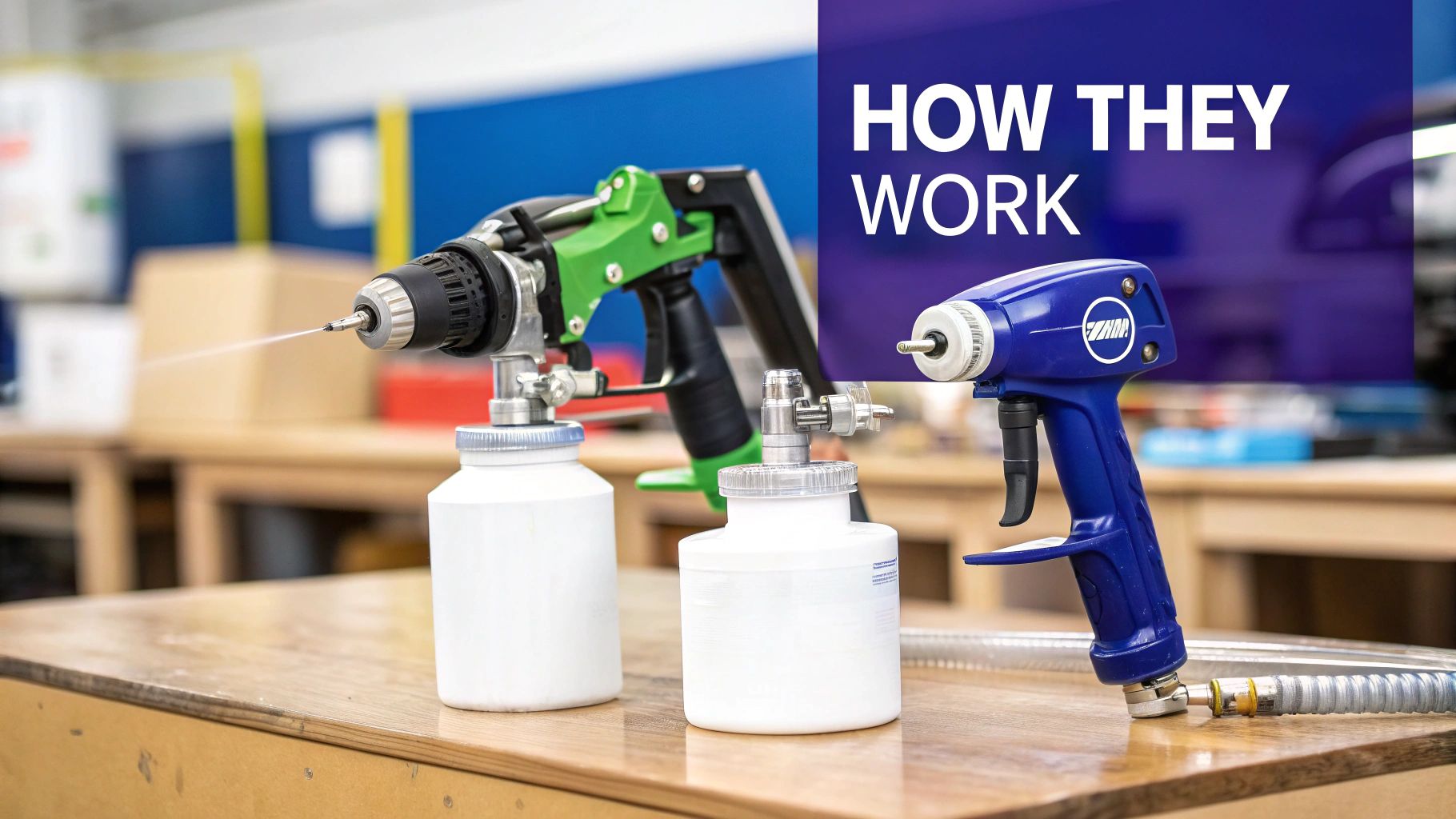 Three industrial spray guns on a wooden workbench, one actively misting, with 'HOW THEY WORK' text.