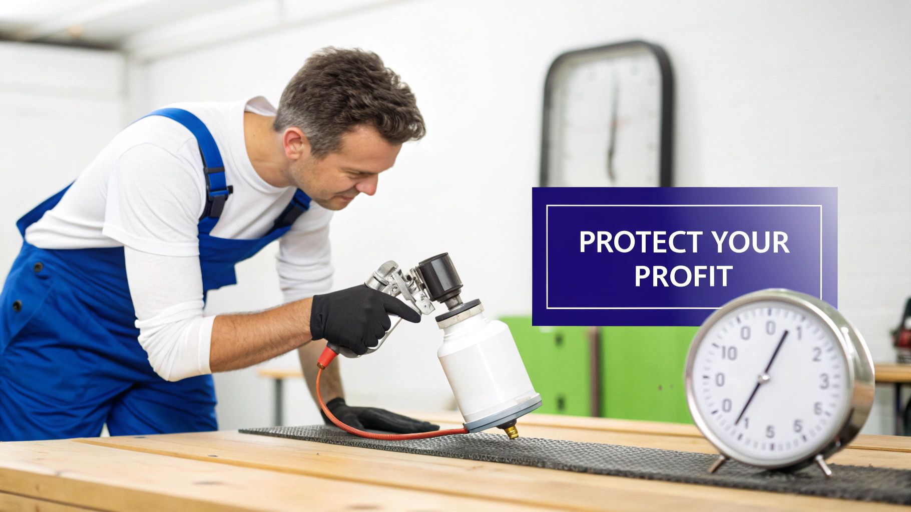 A man in blue overalls and gloves uses a paint spray gun on a surface, with a "PROTECT YOUR PROFIT" overlay.