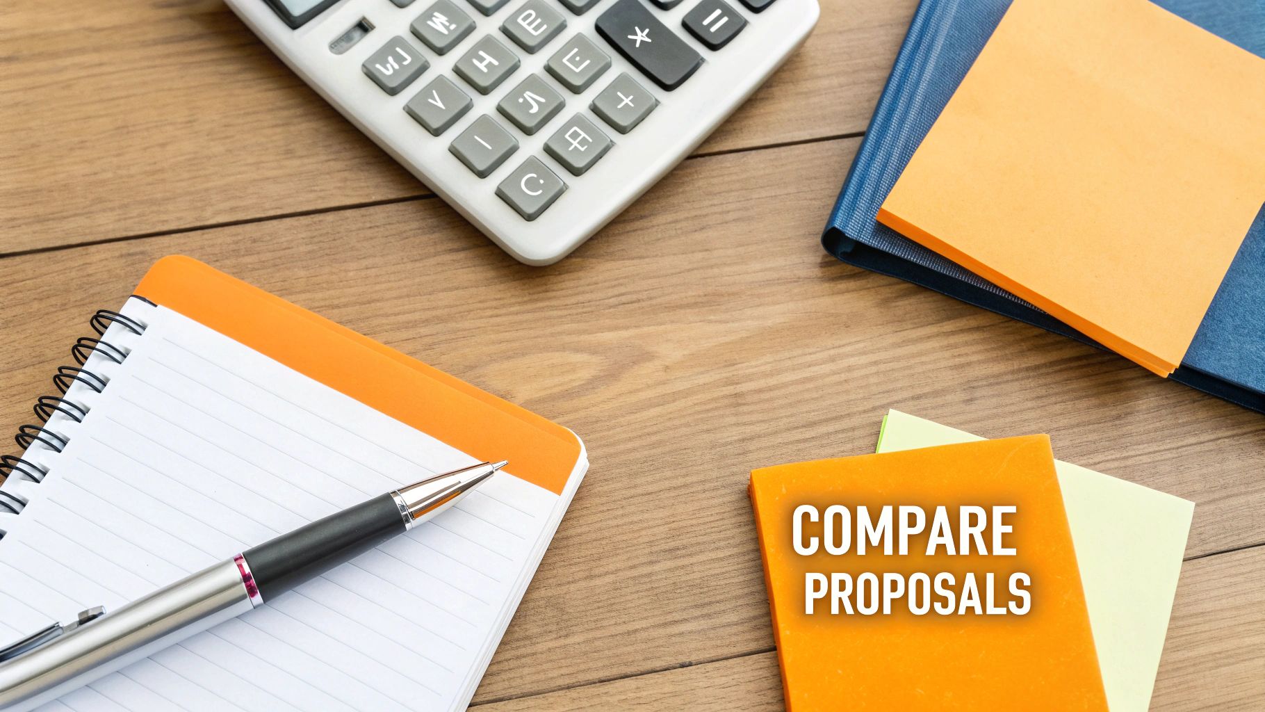 A flat lay of a wooden desk with a calculator, notebook, pen, and sticky notes that say 'COMPARE PROPOSALS'.
