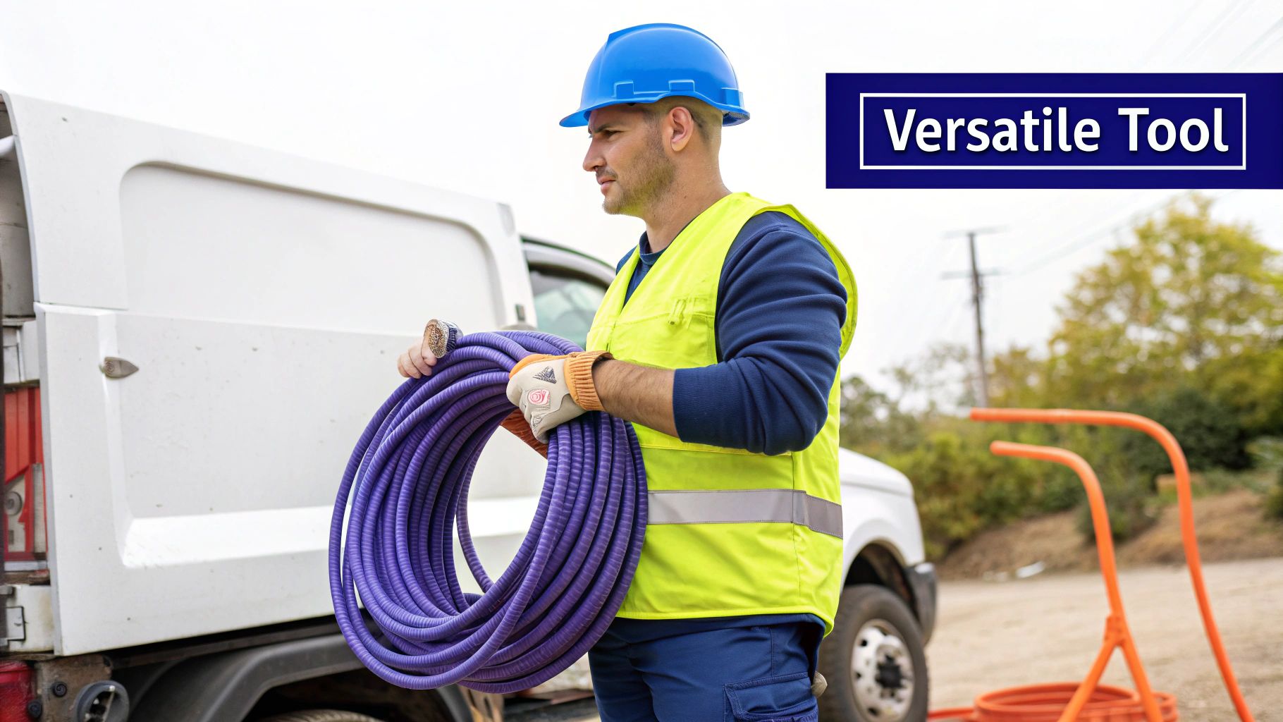 A worker wearing a blue hard hat and safety vest holds a coiled purple hose next to a white van.