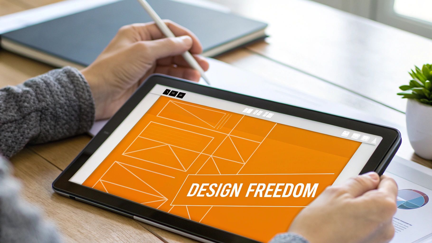 A person uses a stylus on a tablet displaying 'DESIGN FREEDOM' and geometric patterns.