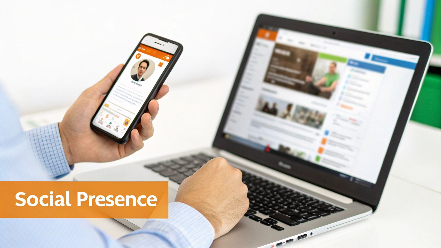 A person holds a smartphone showing a social media profile while using a laptop to browse a social feed, emphasizing social presence.