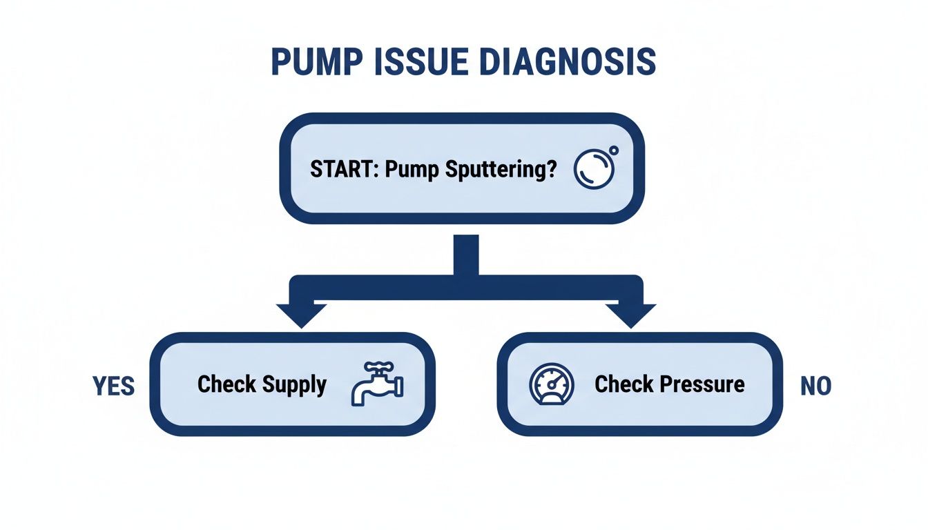 A pump issue diagnosis flowchart. Start with 'Pump Sputtering?'. Yes leads to 'Check Supply', No leads to 'Check Pressure'.