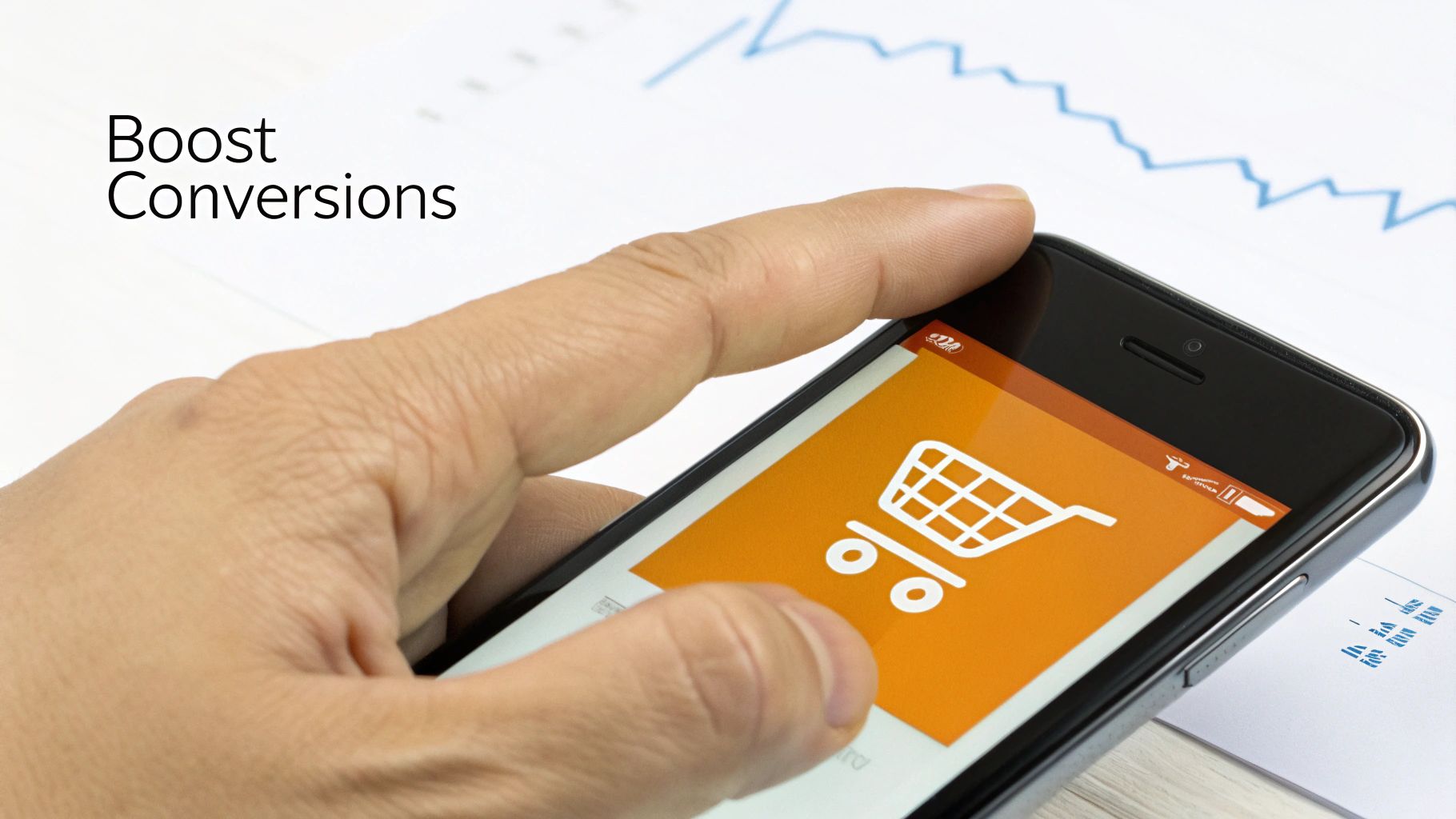 Hand holding smartphone displaying shopping cart and percentage icons, with a growth chart in the background, suggesting boosted e-commerce conversions.