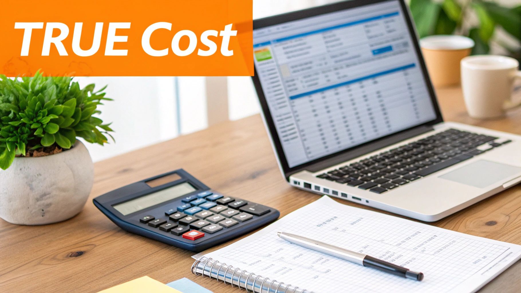 A desk setup with a laptop showing a spreadsheet, a calculator, and 'TRUE Cost' text.