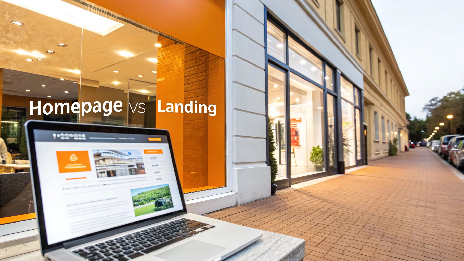 A laptop displaying a website with 'Homepage vs Landing' text, set against a modern urban street.