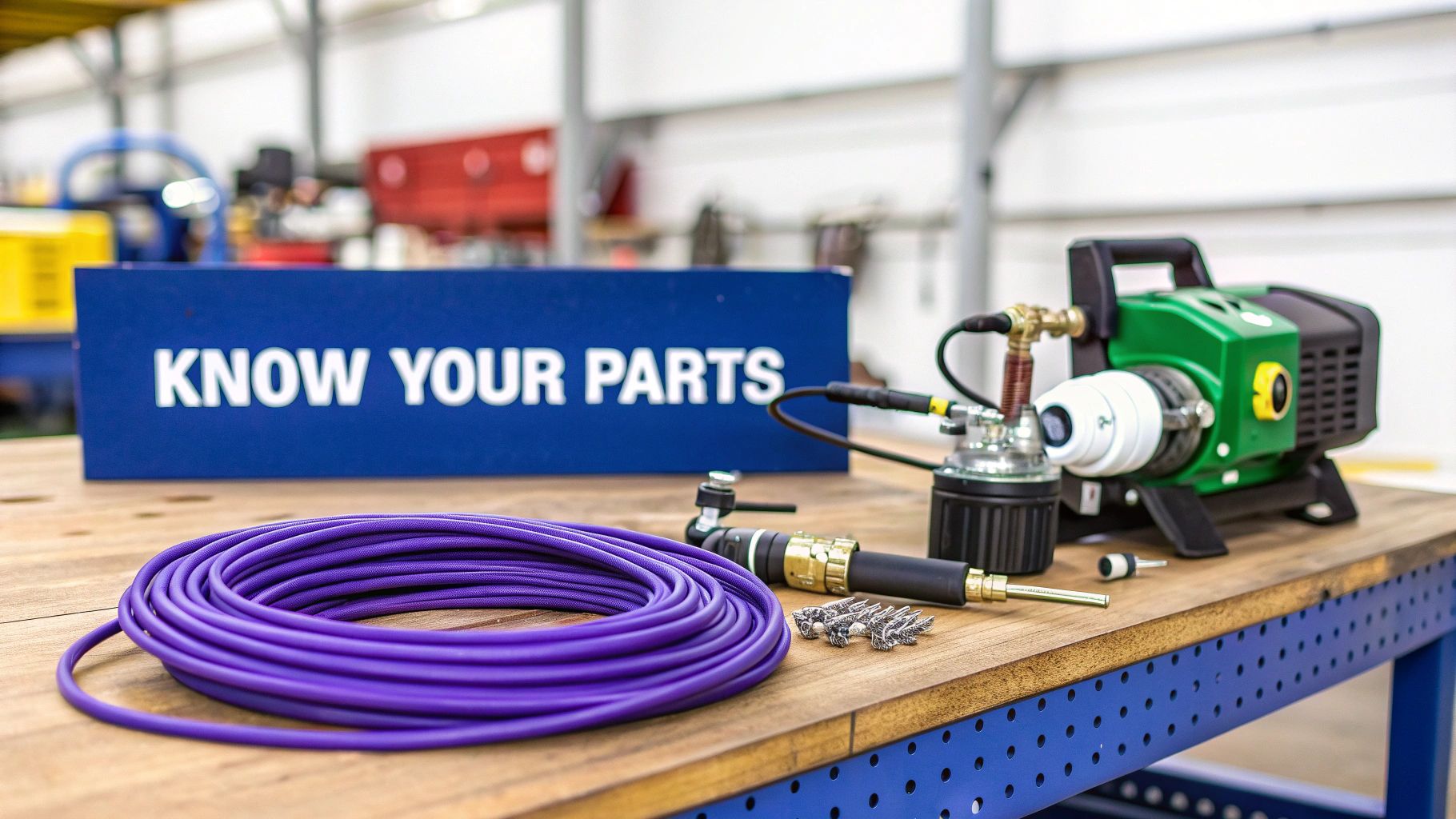 A workbench displays pressure washer tools and equipment parts, including a green machine and purple hose.