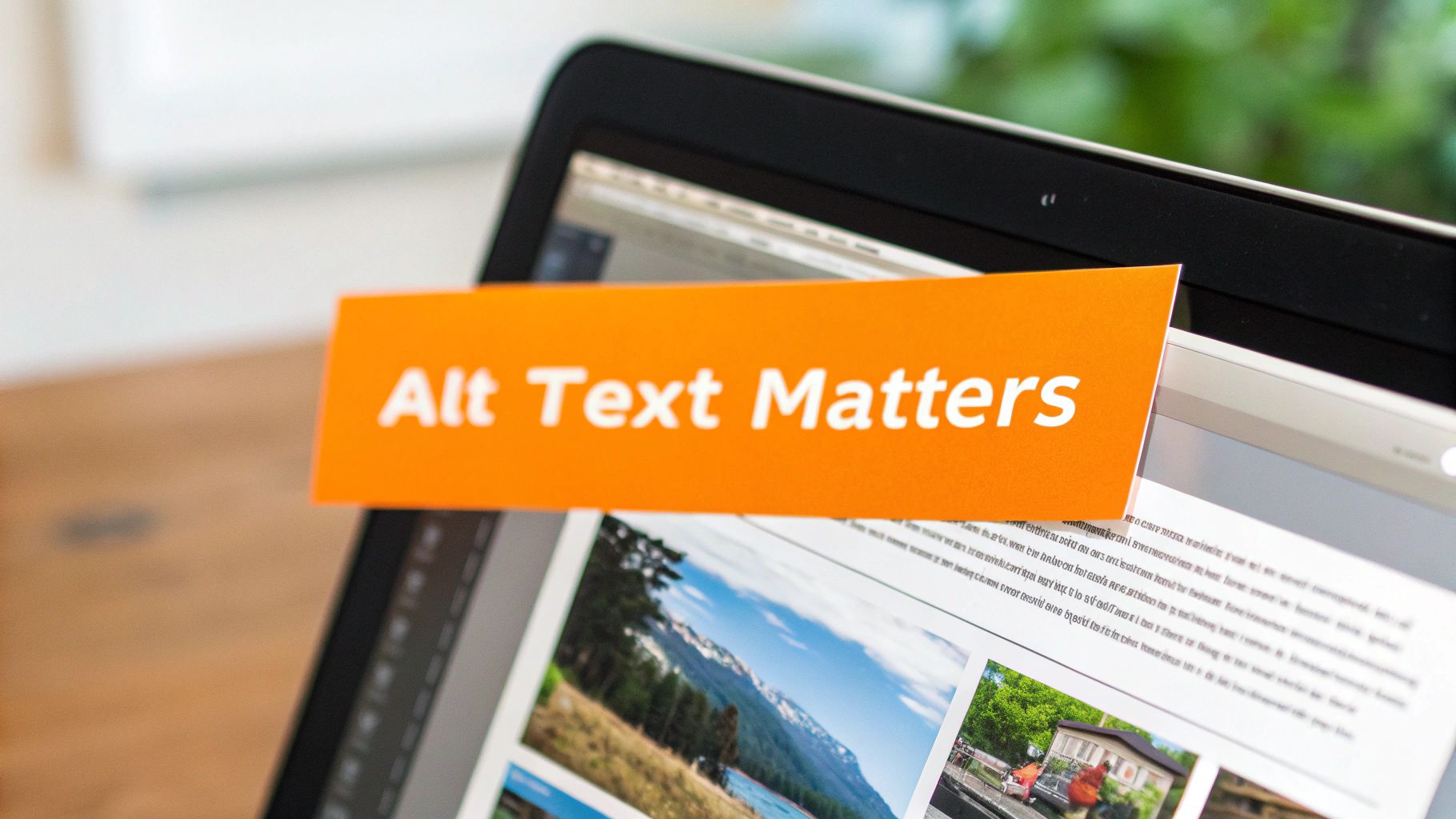 An orange paper with 'Alt Text Matters' printed on it, placed over a laptop screen displaying a webpage.