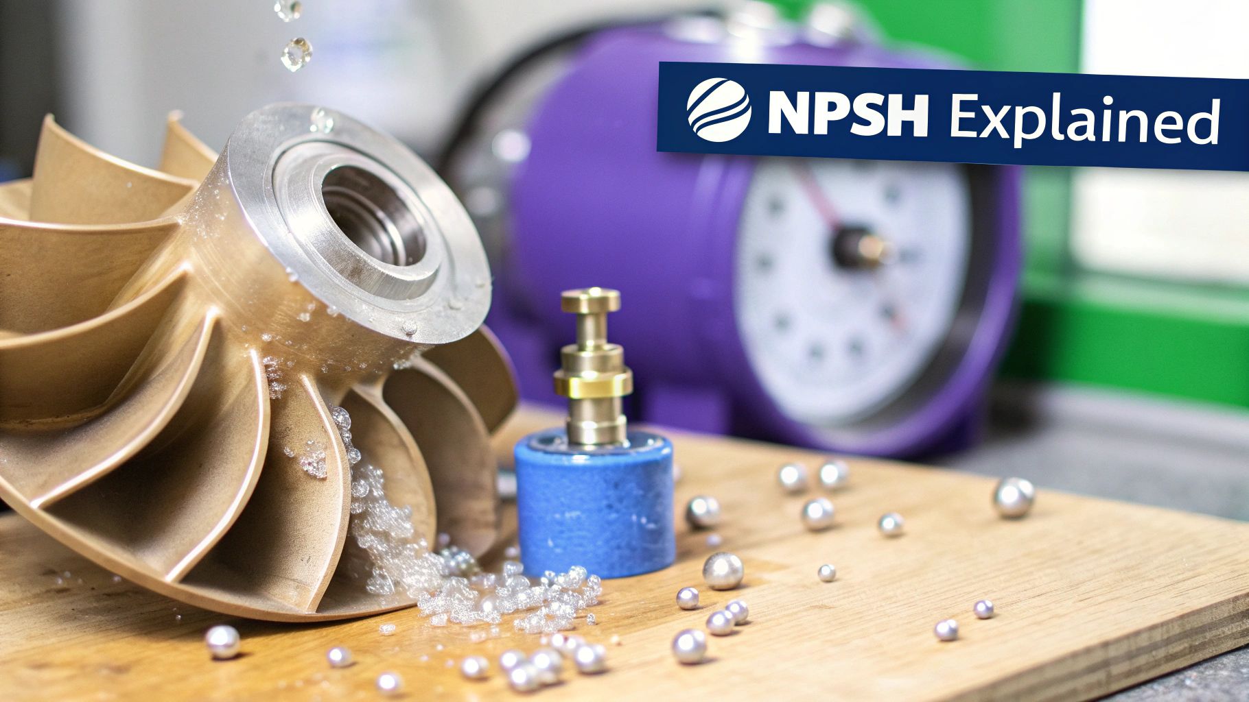 Pump impeller with water droplets and small spheres on a wooden surface, explaining NPSH.