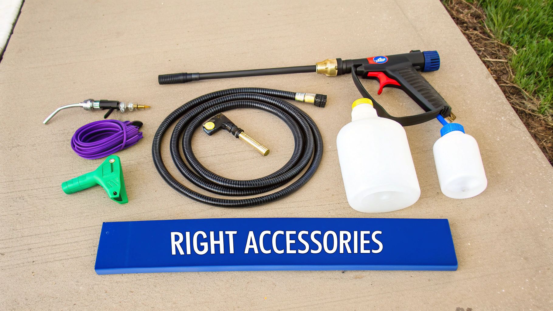 Various pressure washer accessories, including a spray gun, hose, and bottles, displayed on concrete.