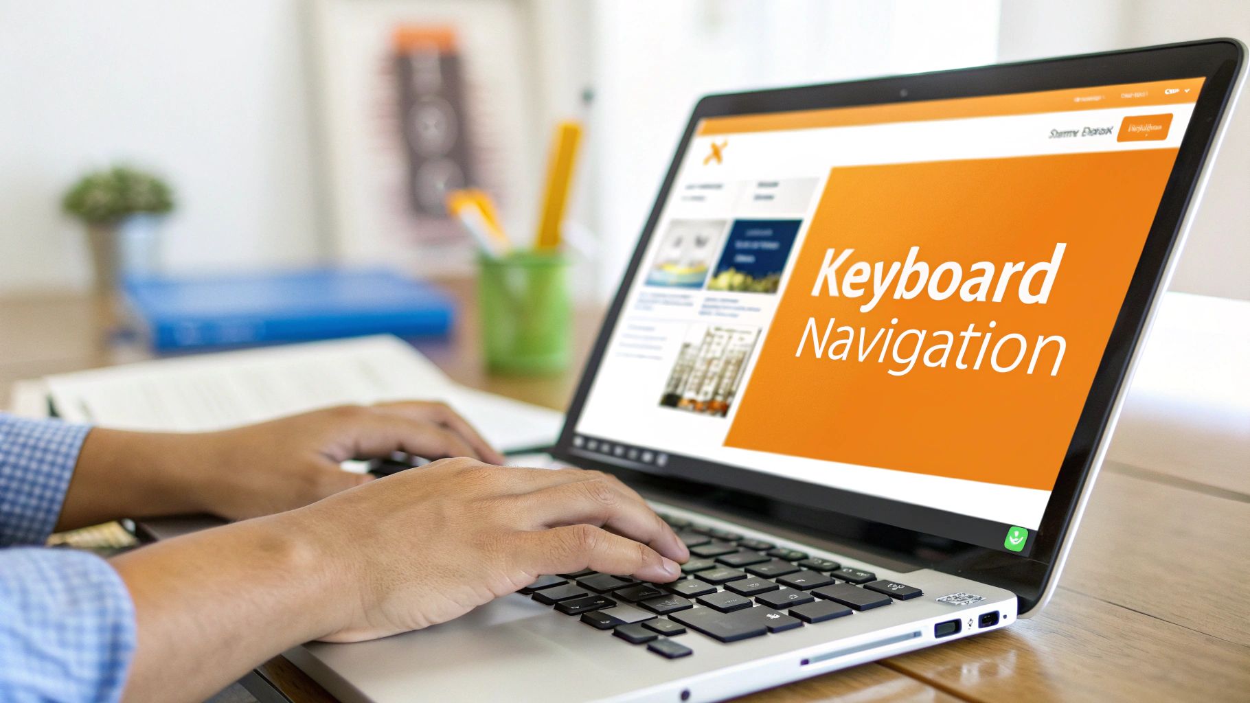 A person's hands using a laptop, showing a screen with 'Keyboard Navigation' on an orange background.