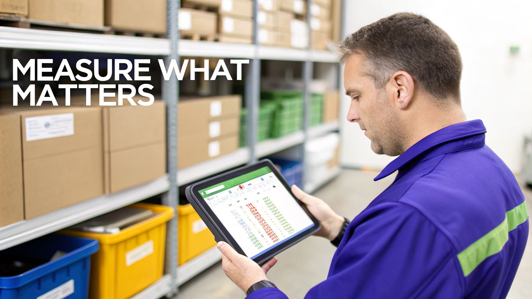 A man in a blue uniform reviews inventory data on a tablet in a busy warehouse.
