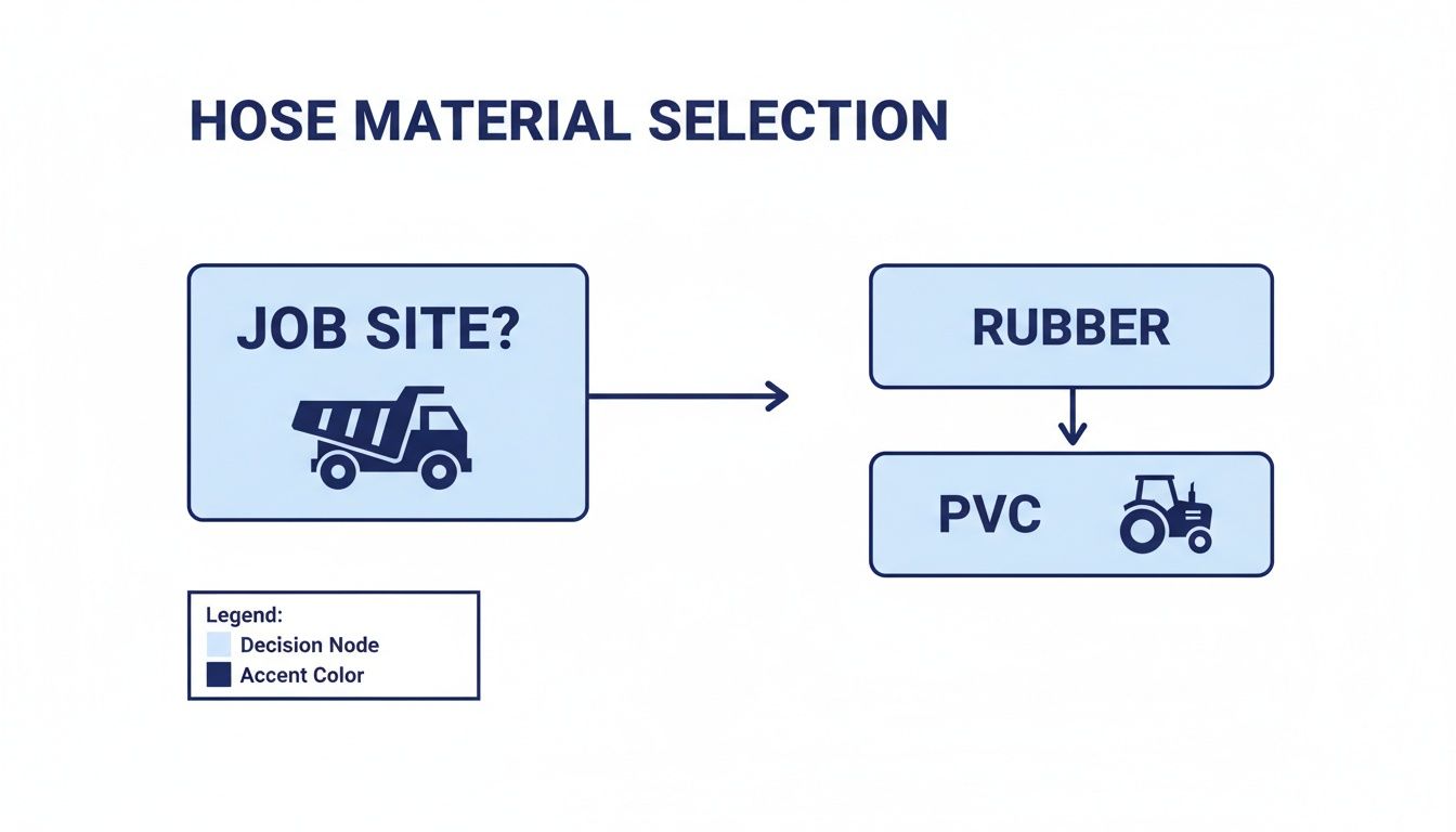 Flowchart for hose material selection. Job site (dump truck) leads to Rubber, then PVC (tractor).