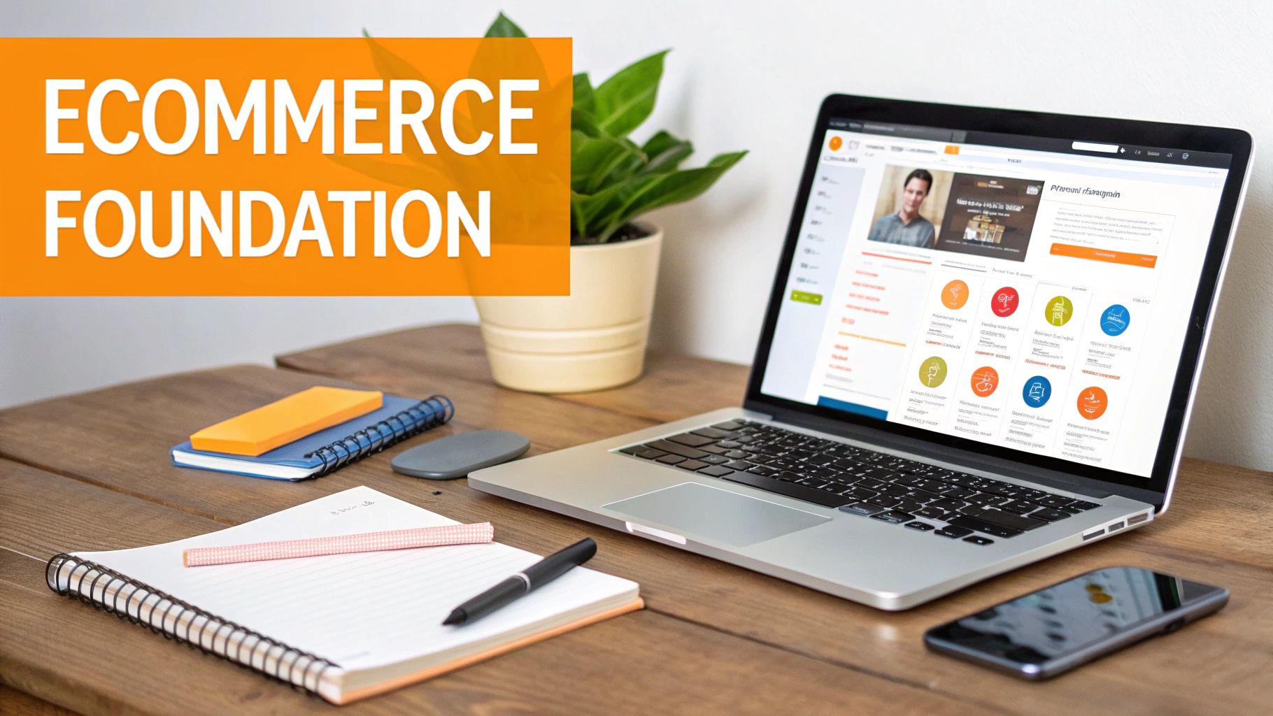 A laptop displaying an e-commerce website on a wooden desk with notebooks, a pen, and a smartphone, highlighting 'ECOMMERCE FOUNDATION'.
