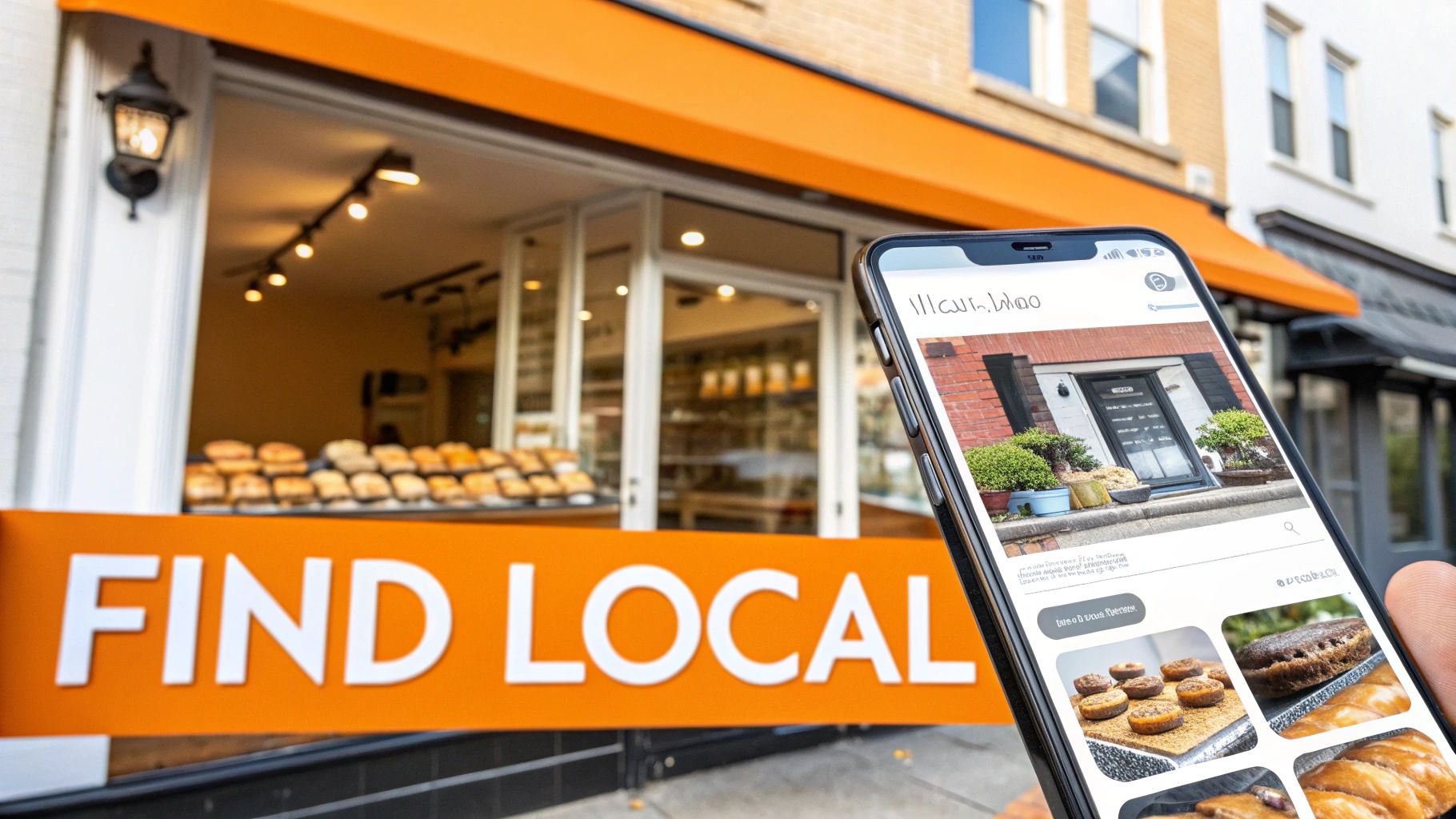 Hand holding a smartphone displaying local business food, in front of a bakery with a 'FIND LOCAL' sign.