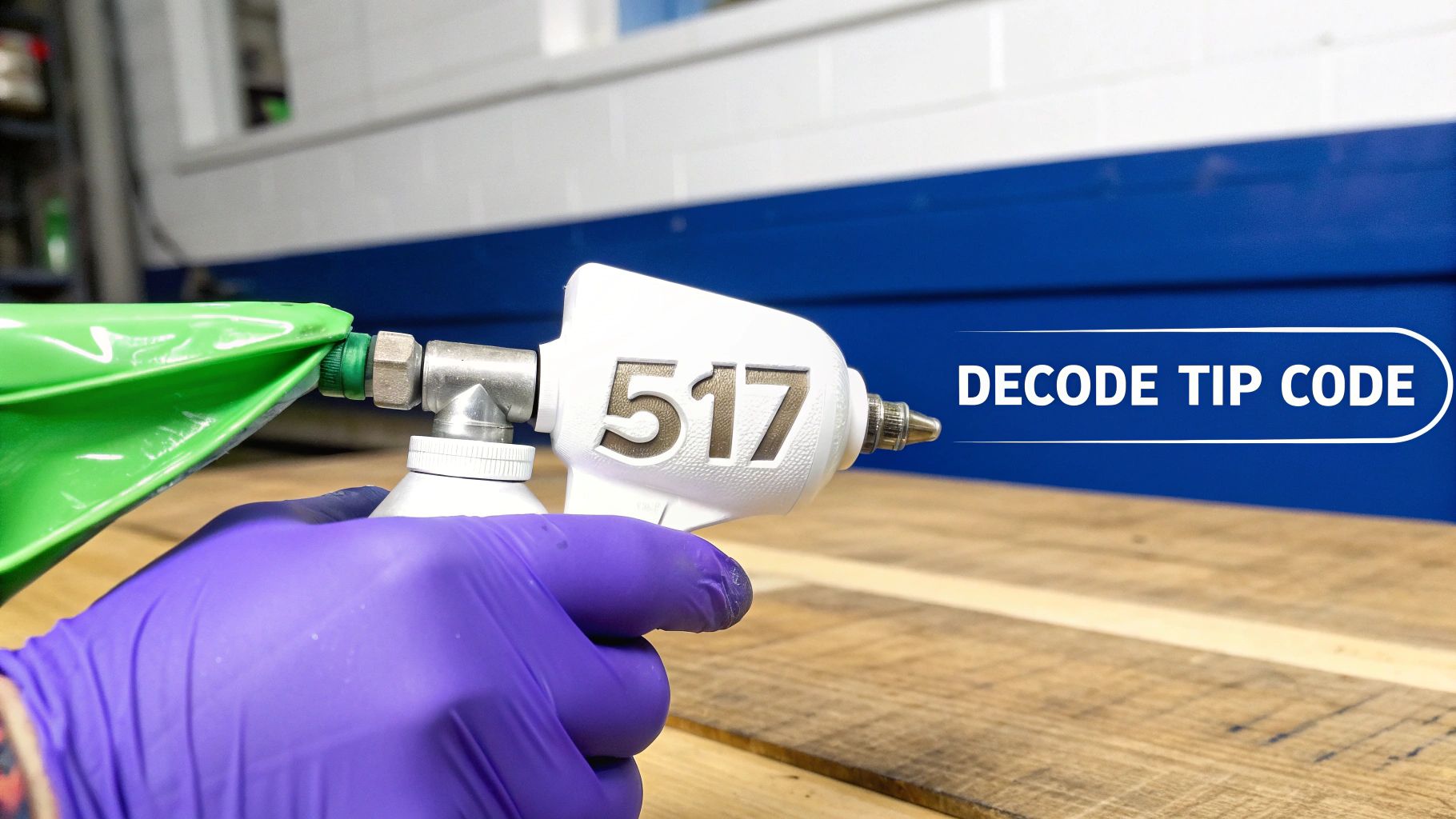 A gloved hand holds a white airless paint sprayer with a green fluid bag, displaying code '517' and text 'DECODE TIP CODE'.